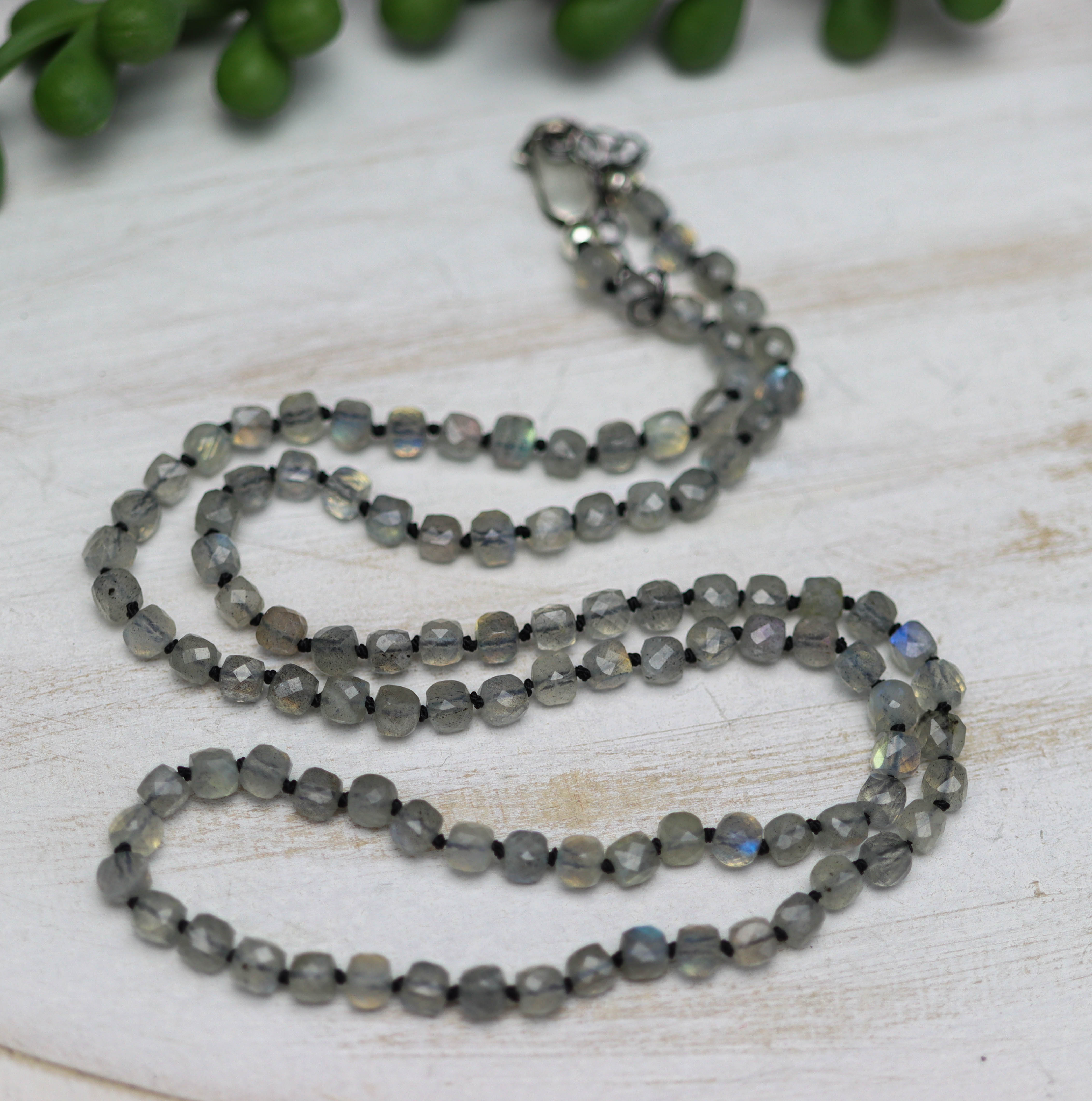 Sparkly Labradorite Faceted Cubes Hand Knotted Bead Necklace Sterling Silver