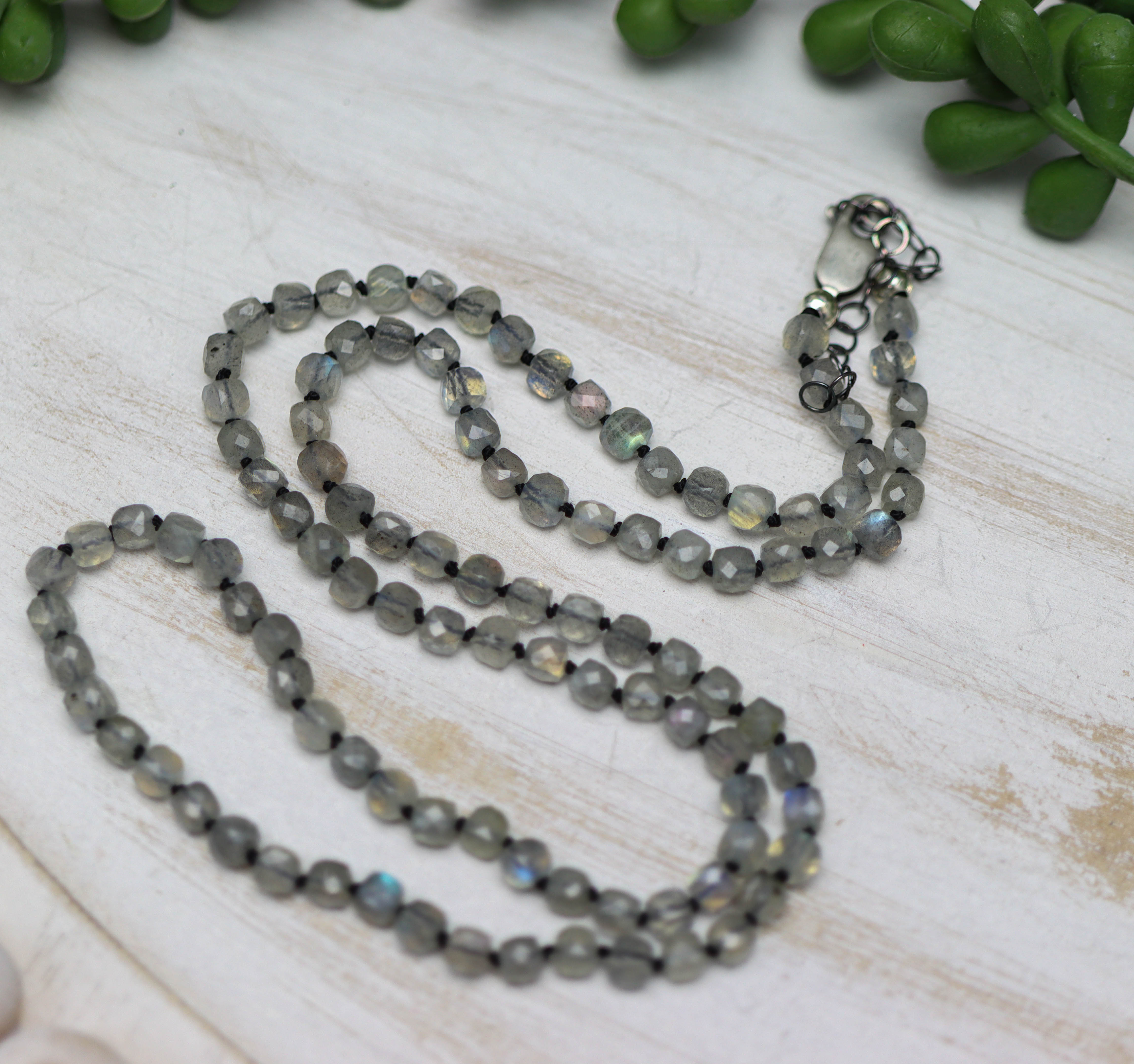 Sparkly Labradorite Faceted Cubes Hand Knotted Bead Necklace Sterling Silver