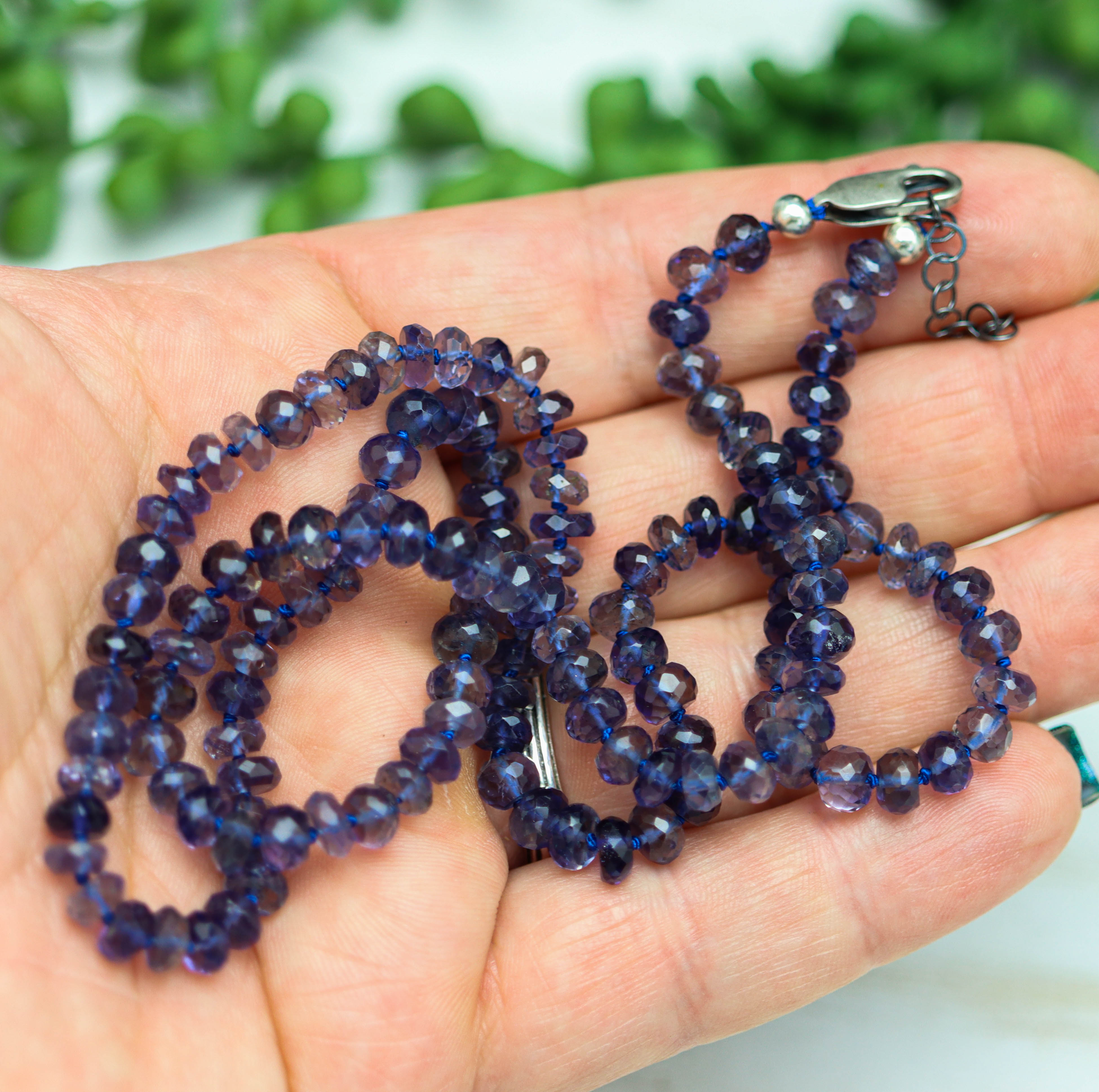 Blue Violet Iolite Hand Knotted Bead Necklace Sterling Silver 22 inch