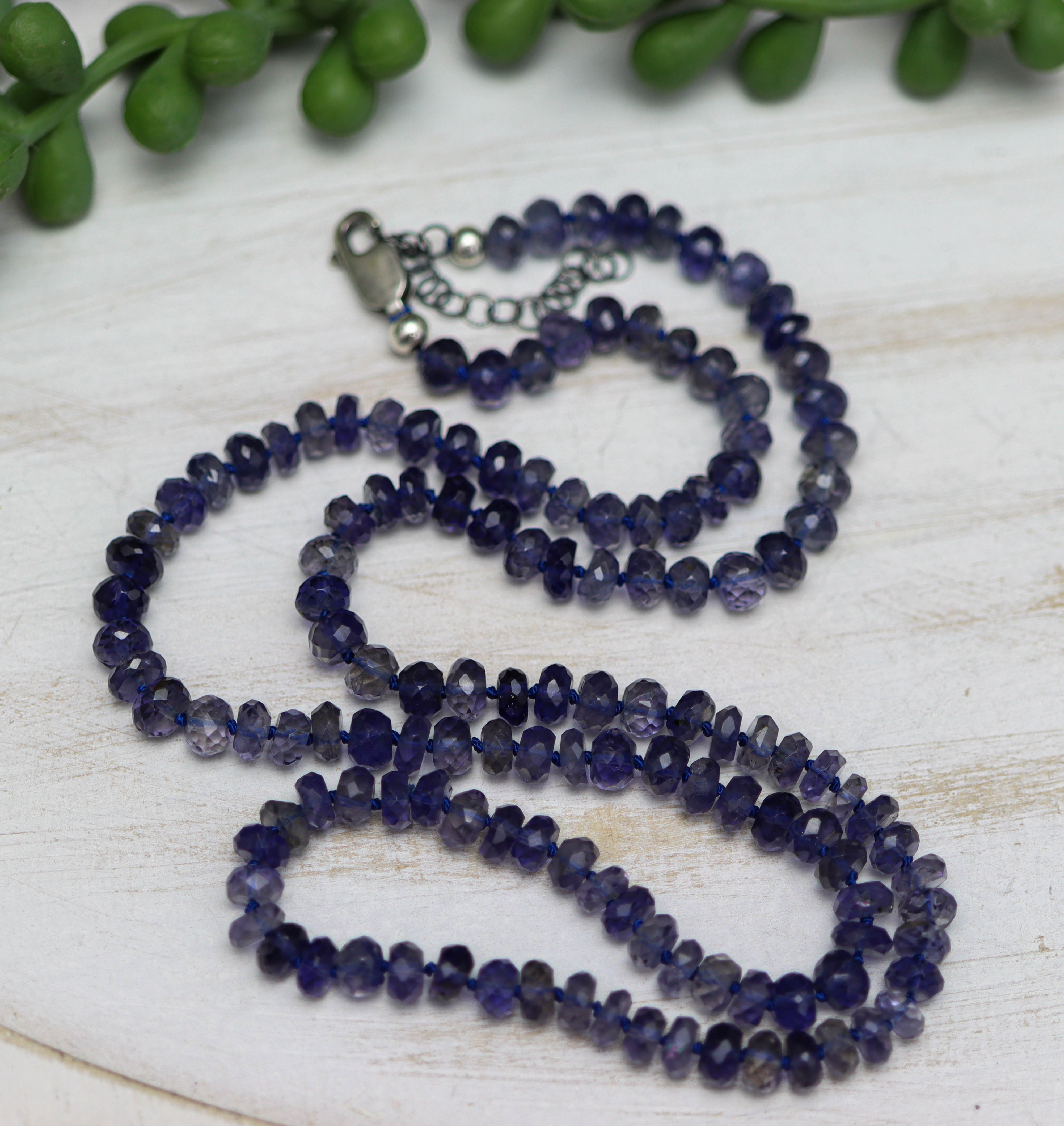 Blue Violet Iolite Hand Knotted Bead Necklace Sterling Silver 22 inch