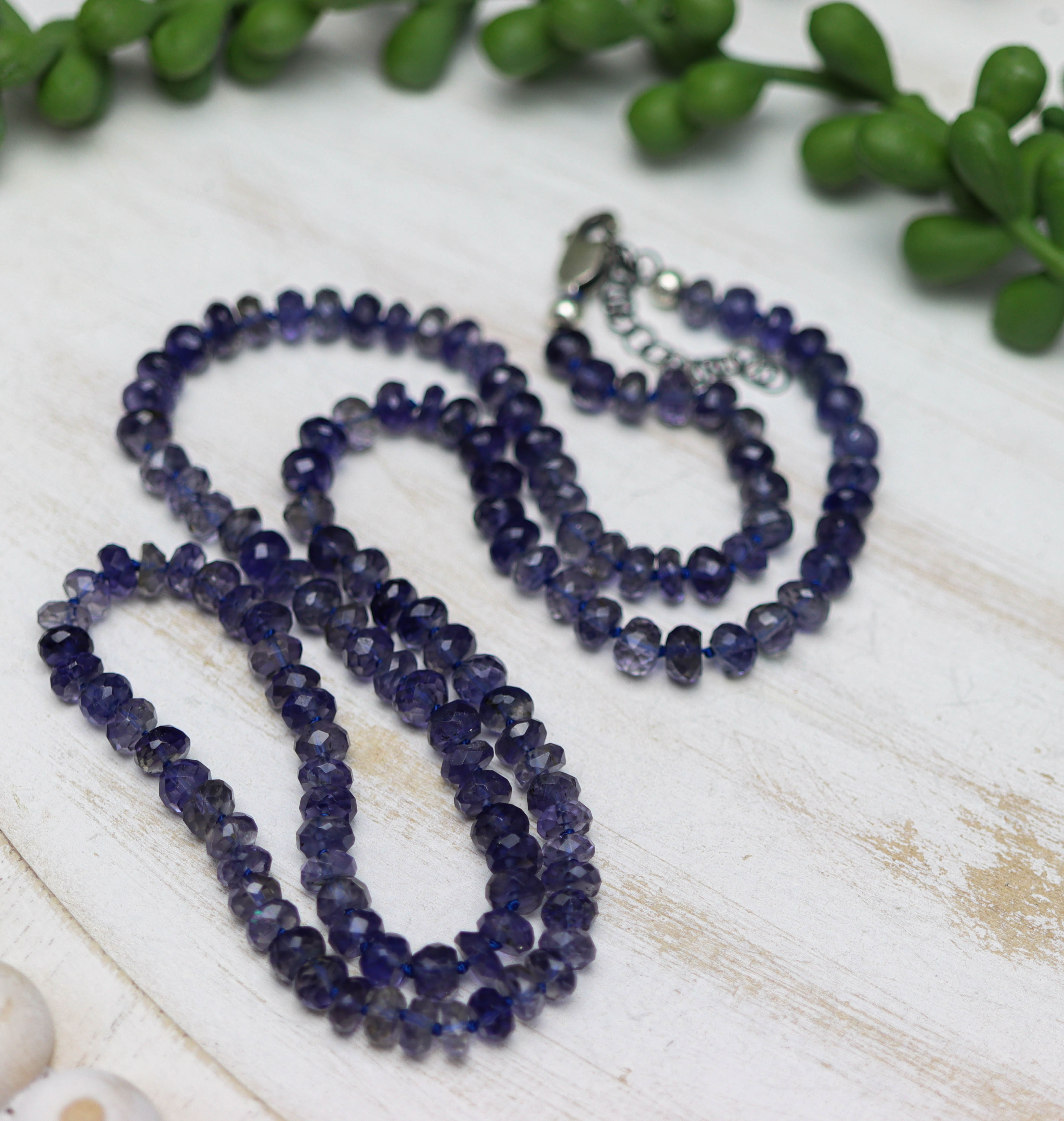 Blue Violet Iolite Hand Knotted Bead Necklace Sterling Silver 22 inch