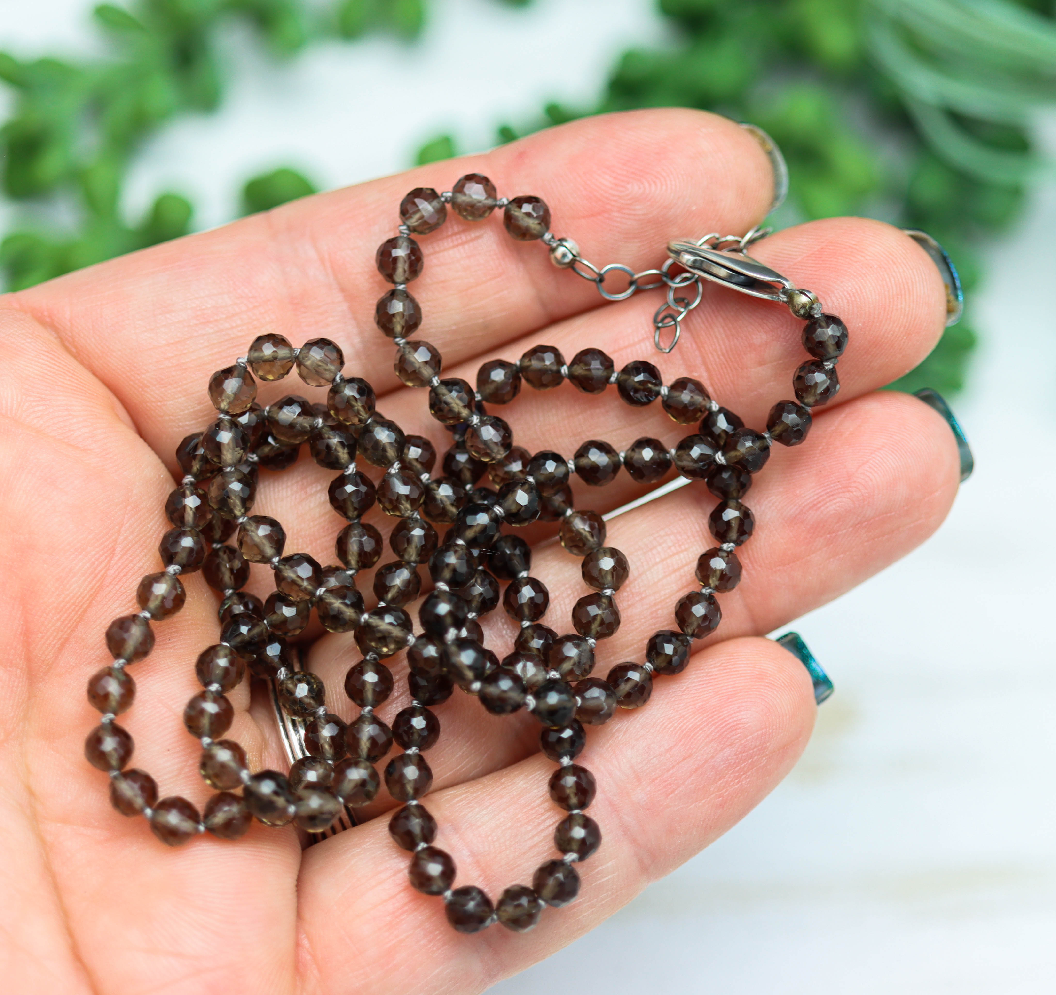 Smoky Quartz Hand Knotted Bead Necklace Sterling Silver