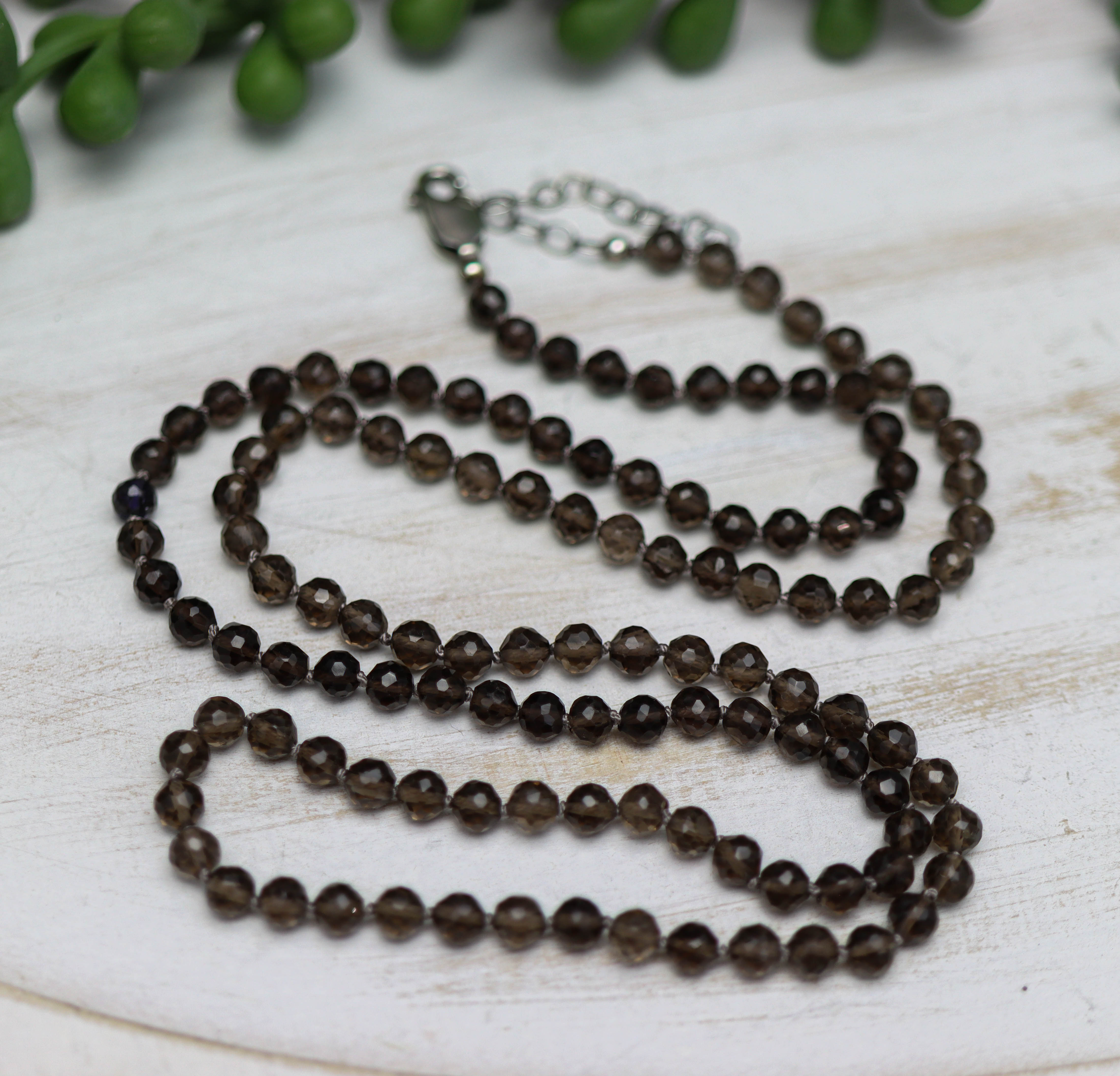 Smoky Quartz Hand Knotted Bead Necklace Sterling Silver