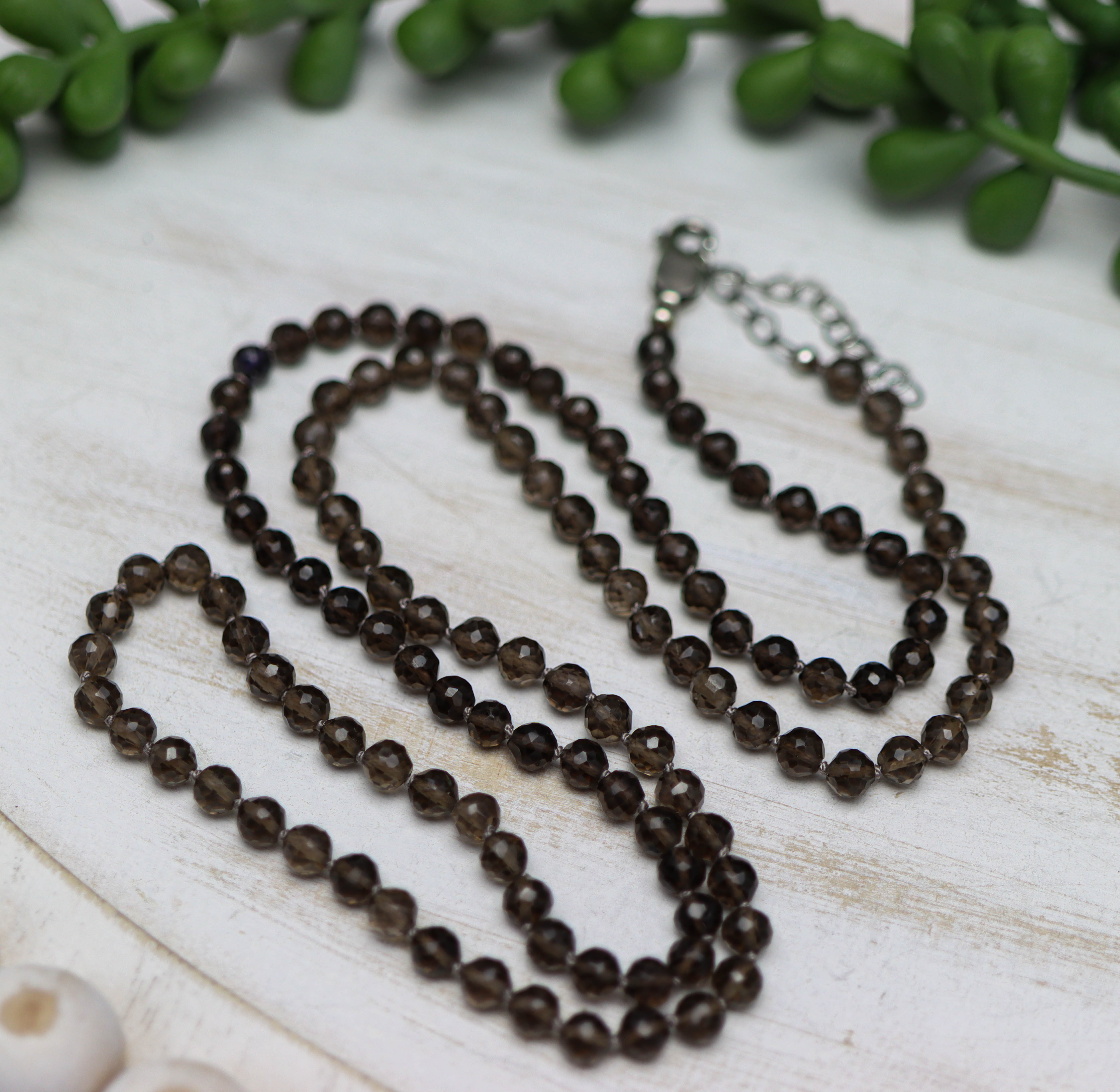 Smoky Quartz Hand Knotted Bead Necklace Sterling Silver