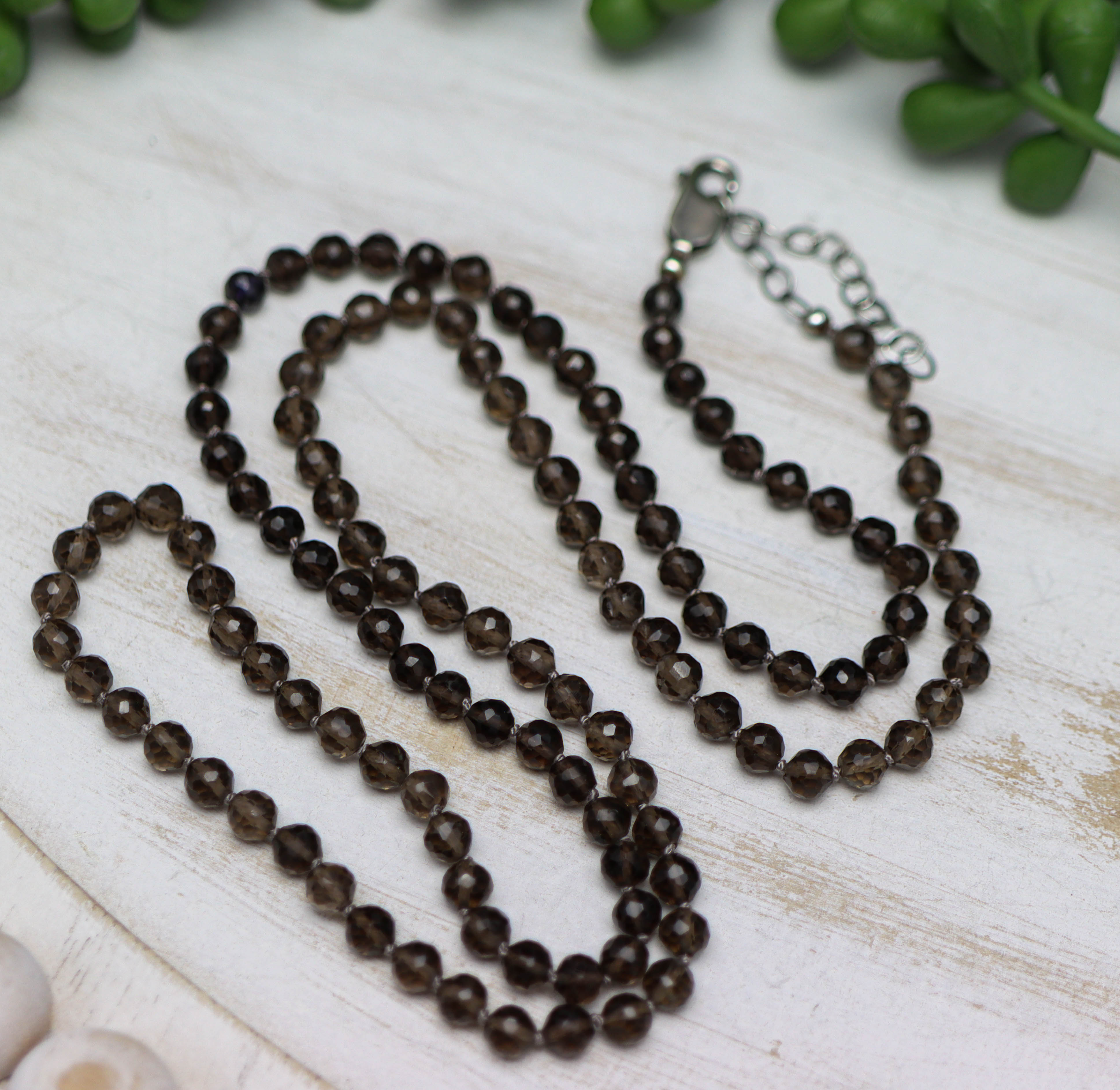 Smoky Quartz Hand Knotted Bead Necklace Sterling Silver