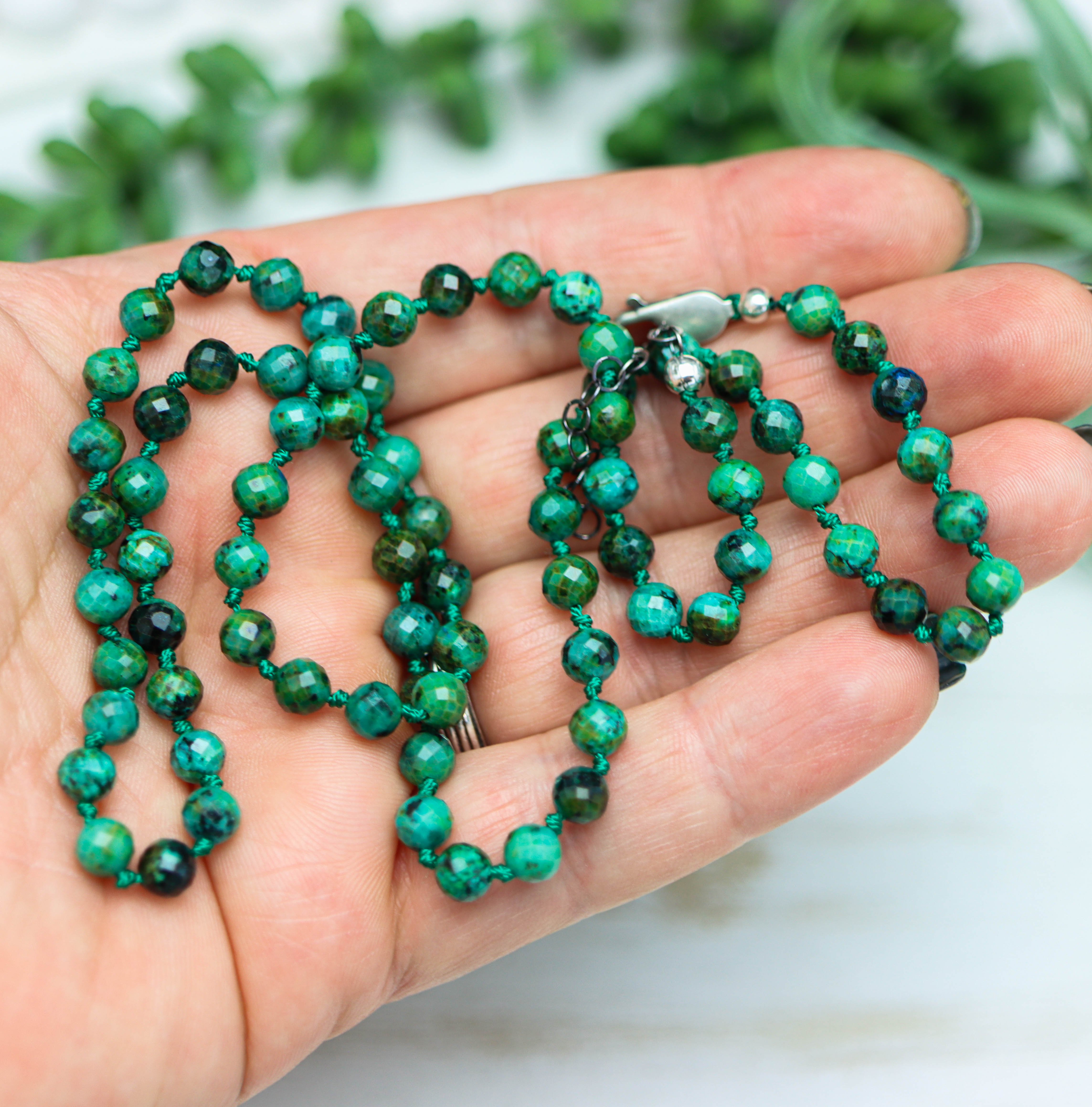 Chrysocolla Hand Knotted Bead Necklace Sterling Silver