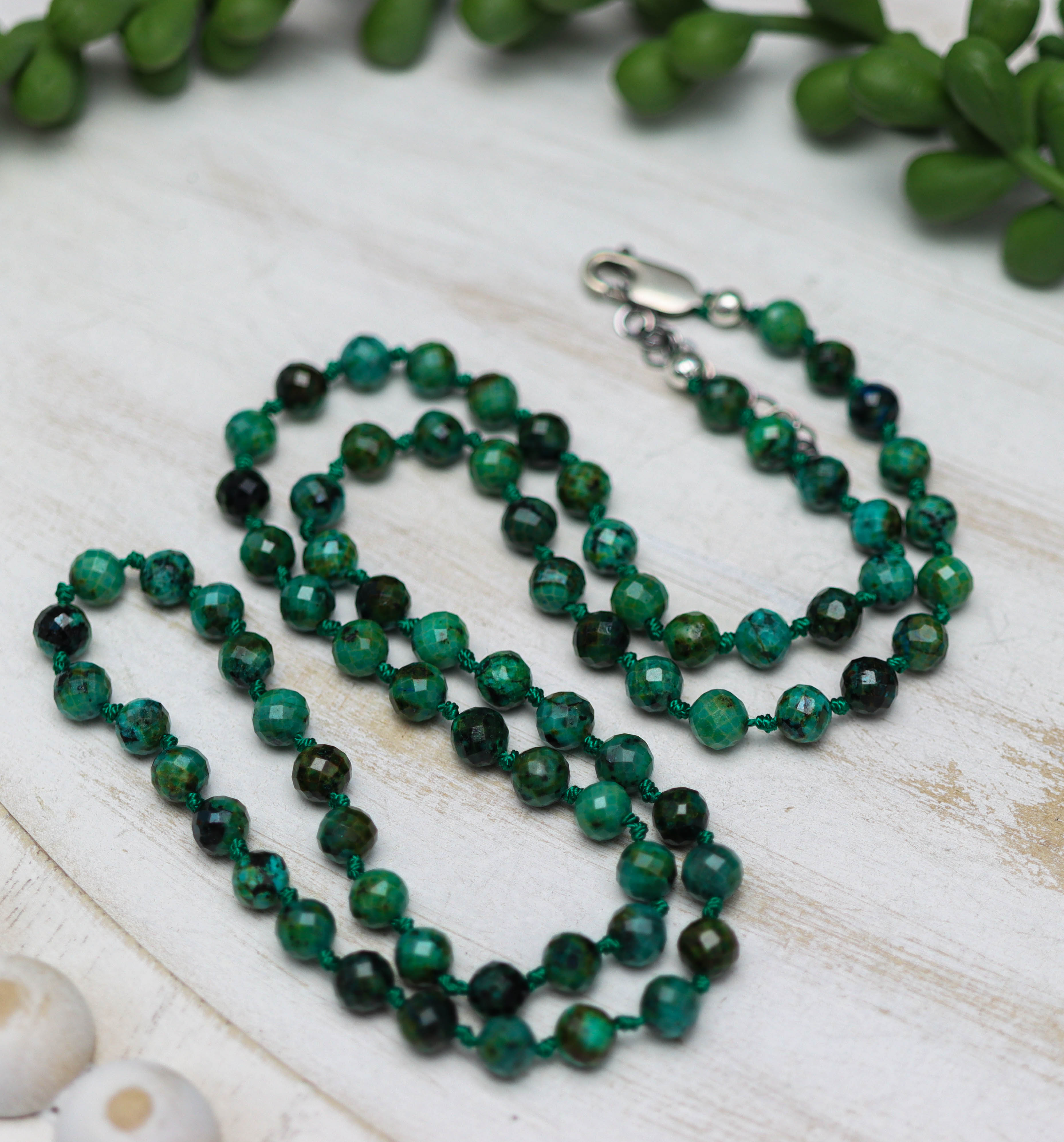 Chrysocolla Hand Knotted Bead Necklace Sterling Silver