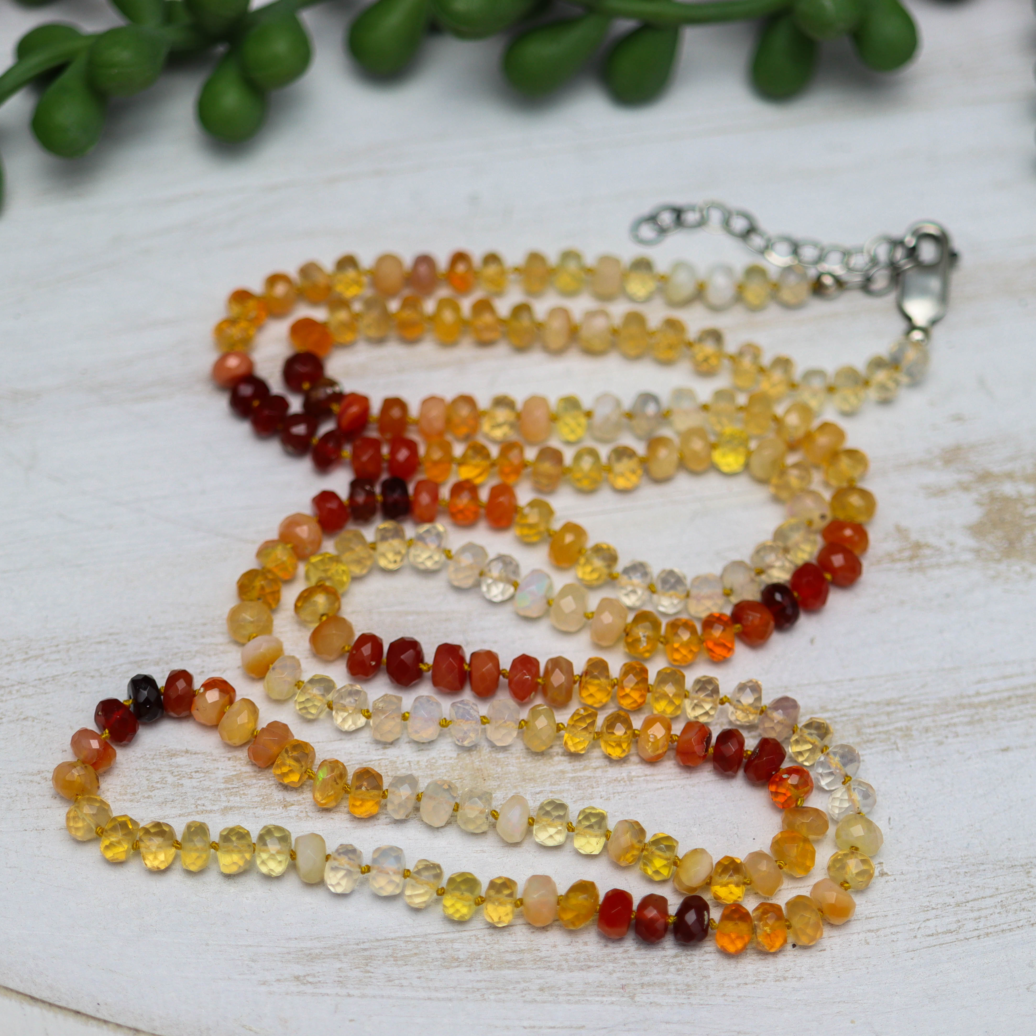 Mexican Fire Opal Hand Knotted Bead Necklace Sterling Silver