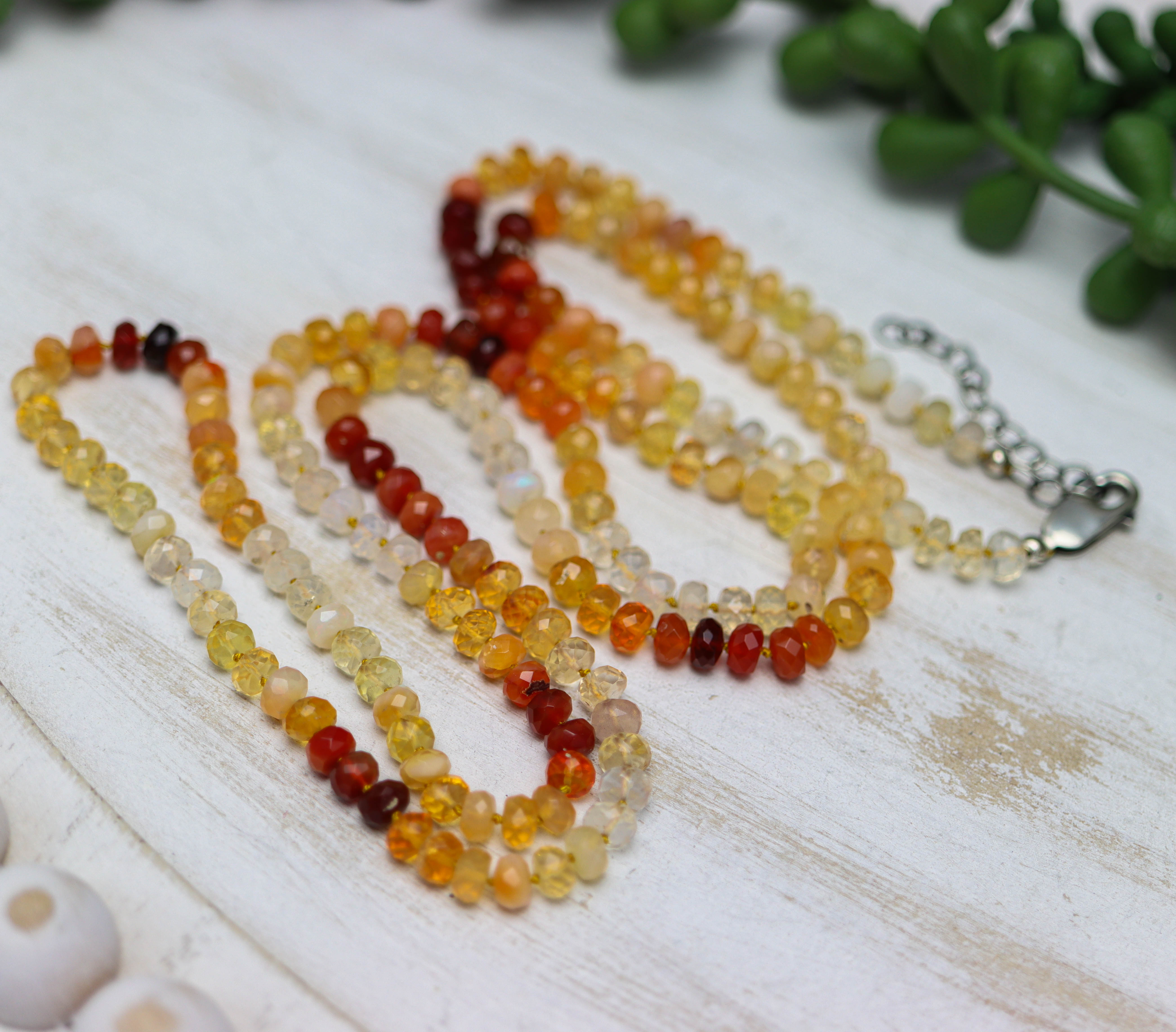 Mexican Fire Opal Hand Knotted Bead Necklace Sterling Silver