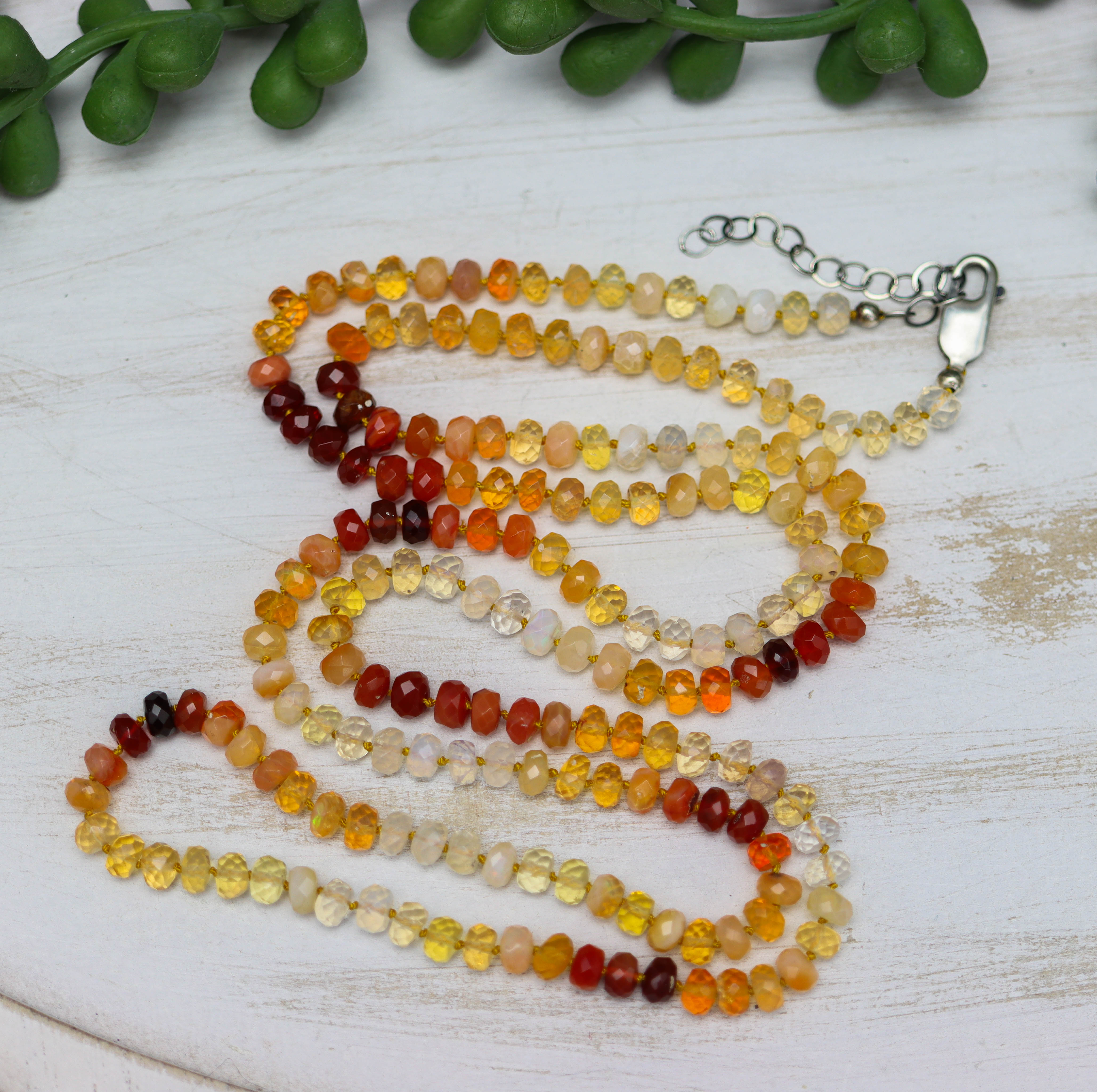 Mexican Fire Opal Hand Knotted Bead Necklace Sterling Silver