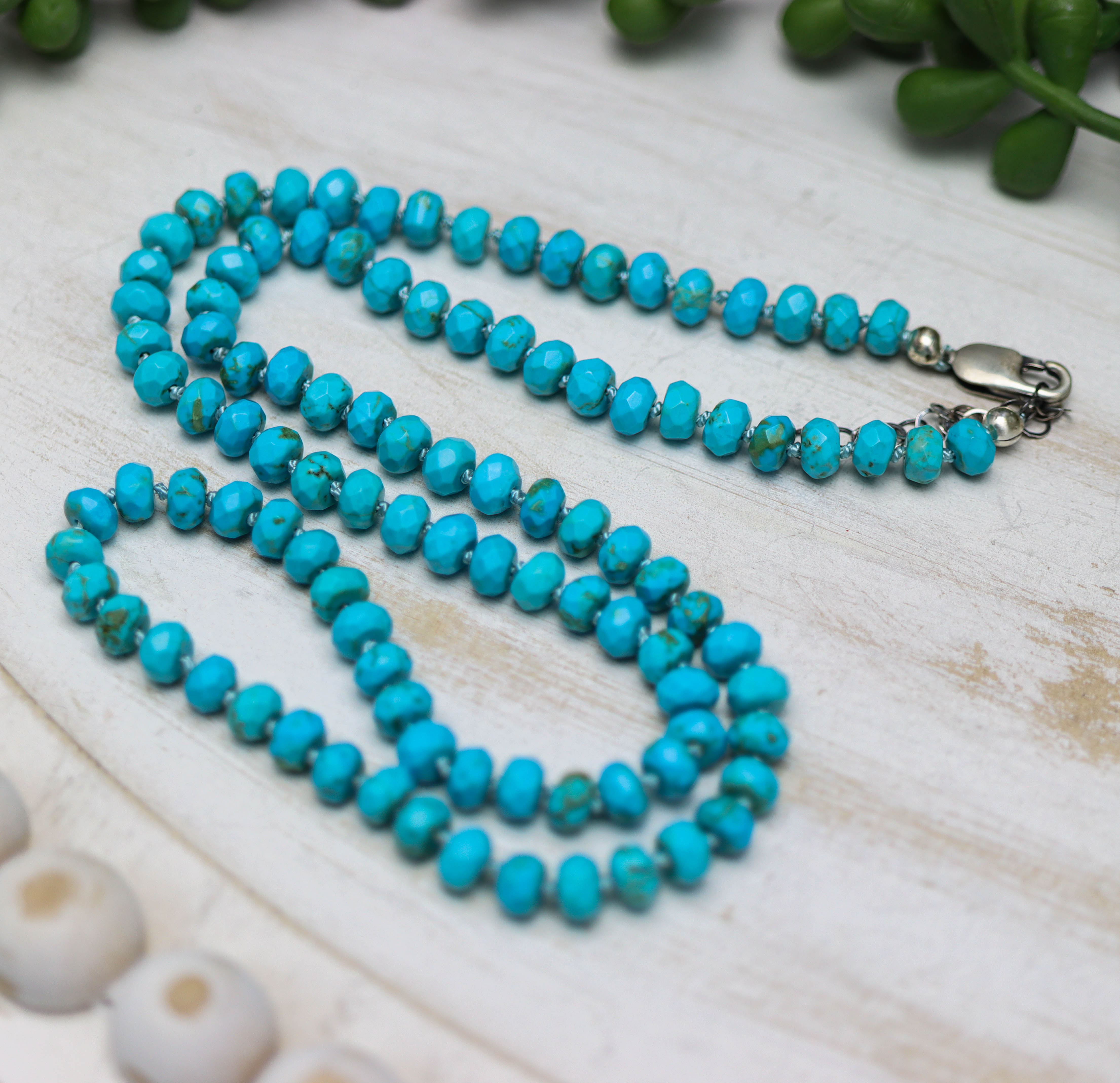 Faceted Turquoise Hand Knotted Bead Necklace Sterling Silver 16 inch