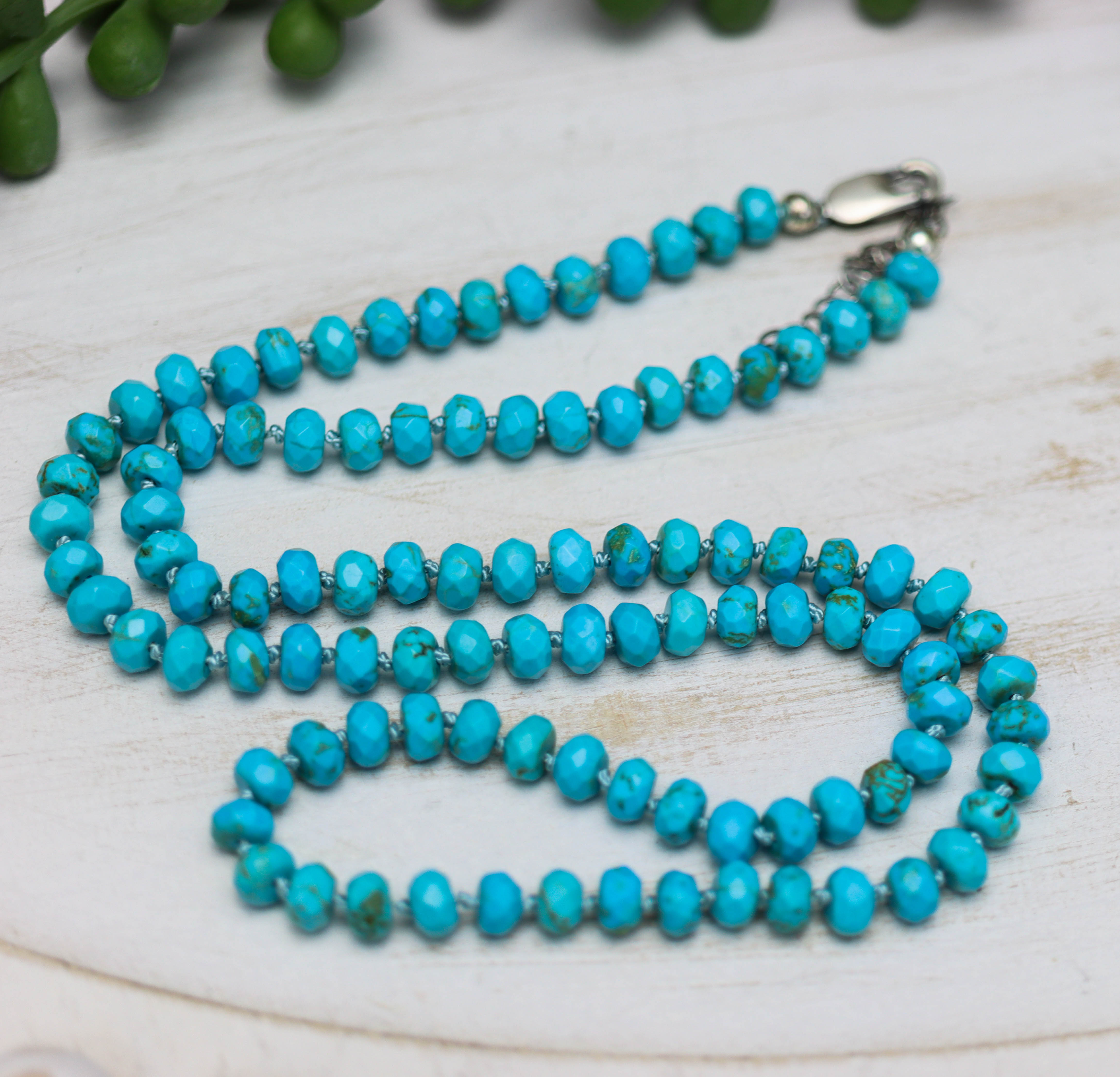 Faceted Turquoise Hand Knotted Bead Necklace Sterling Silver 16 inch
