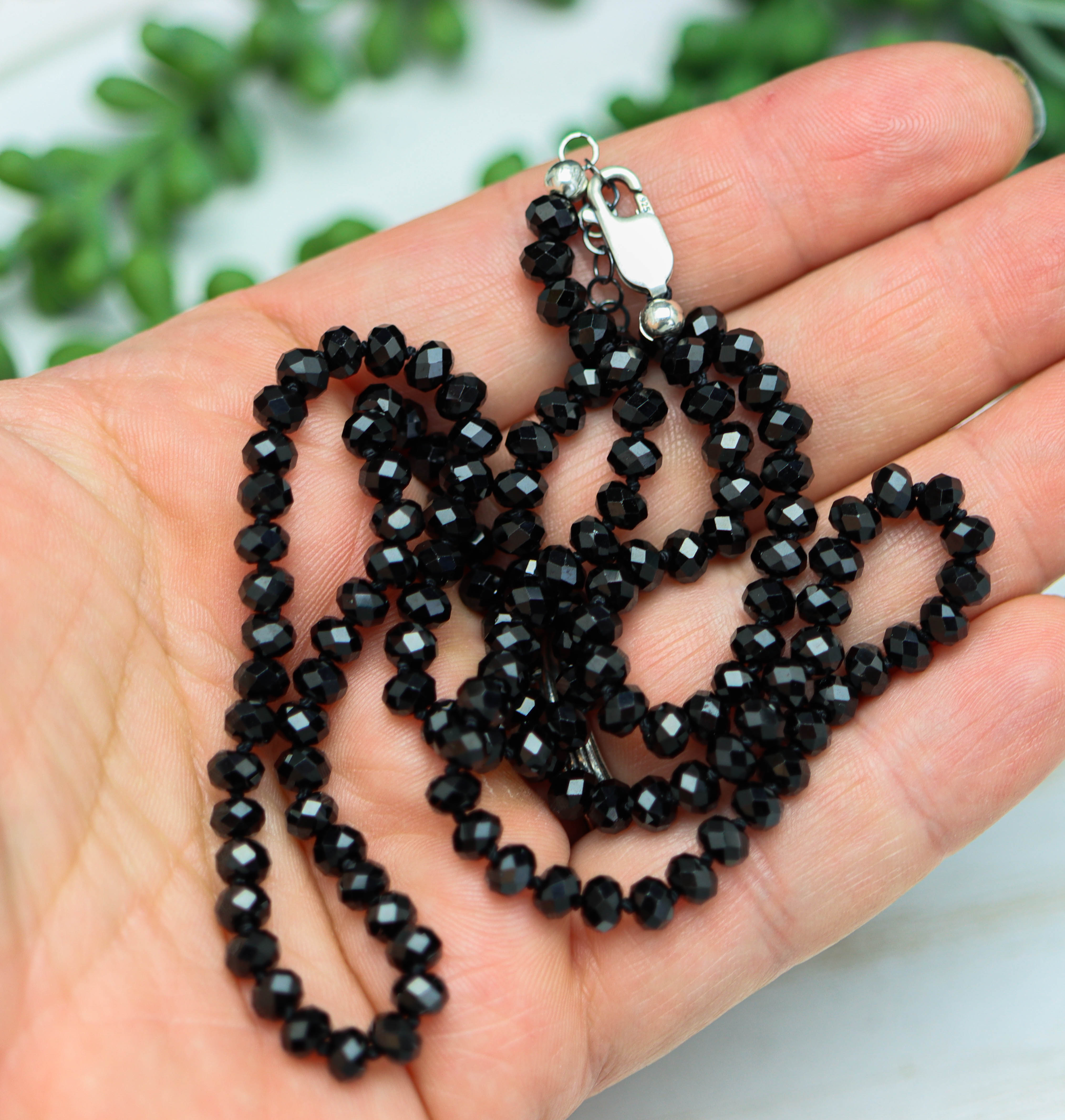 Sparkly Black Spinel Hand Knotted Bead Necklace Sterling Silver 24 Inch
