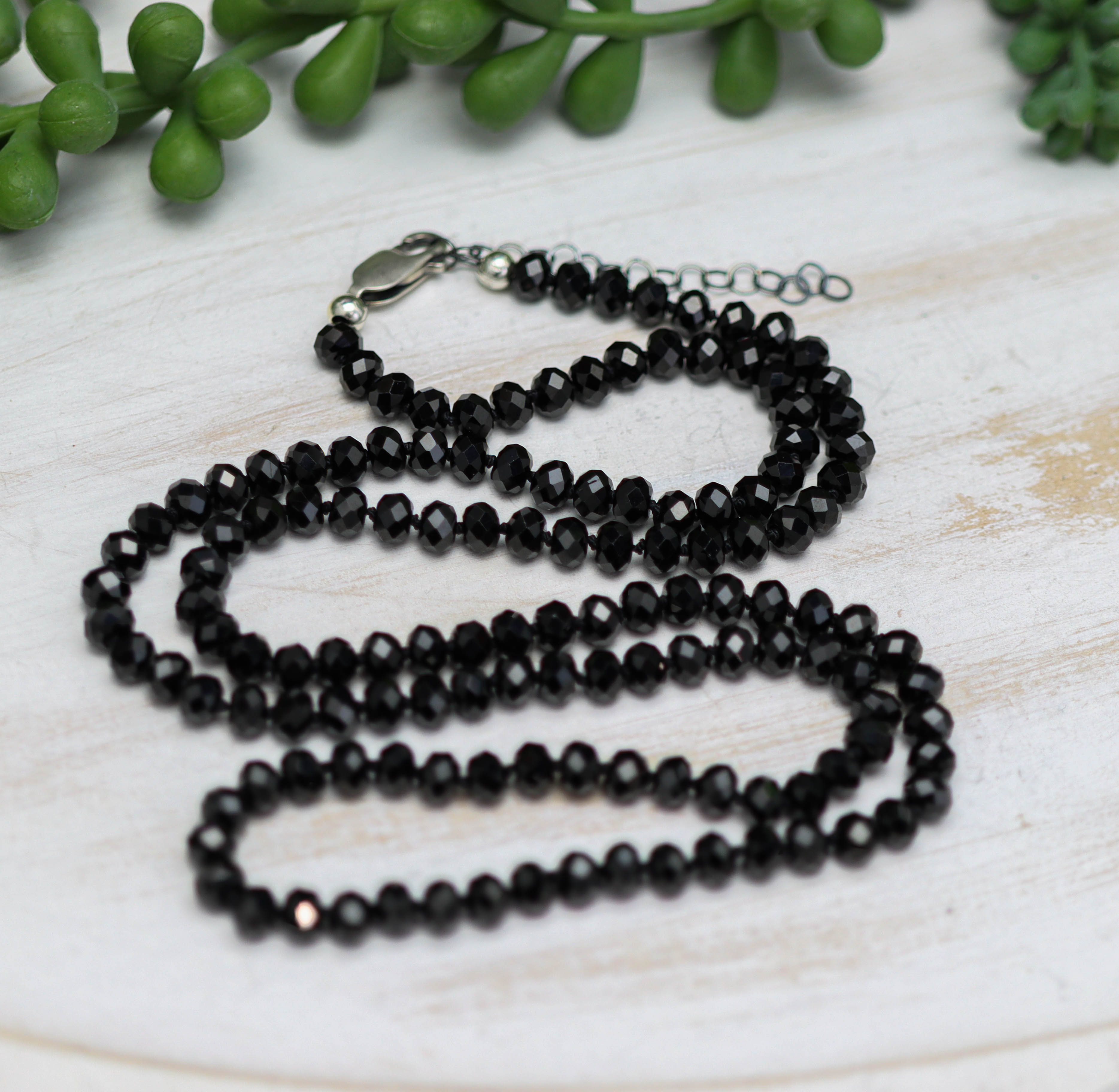 Sparkly Black Spinel Hand Knotted Bead Necklace Sterling Silver 24 Inch
