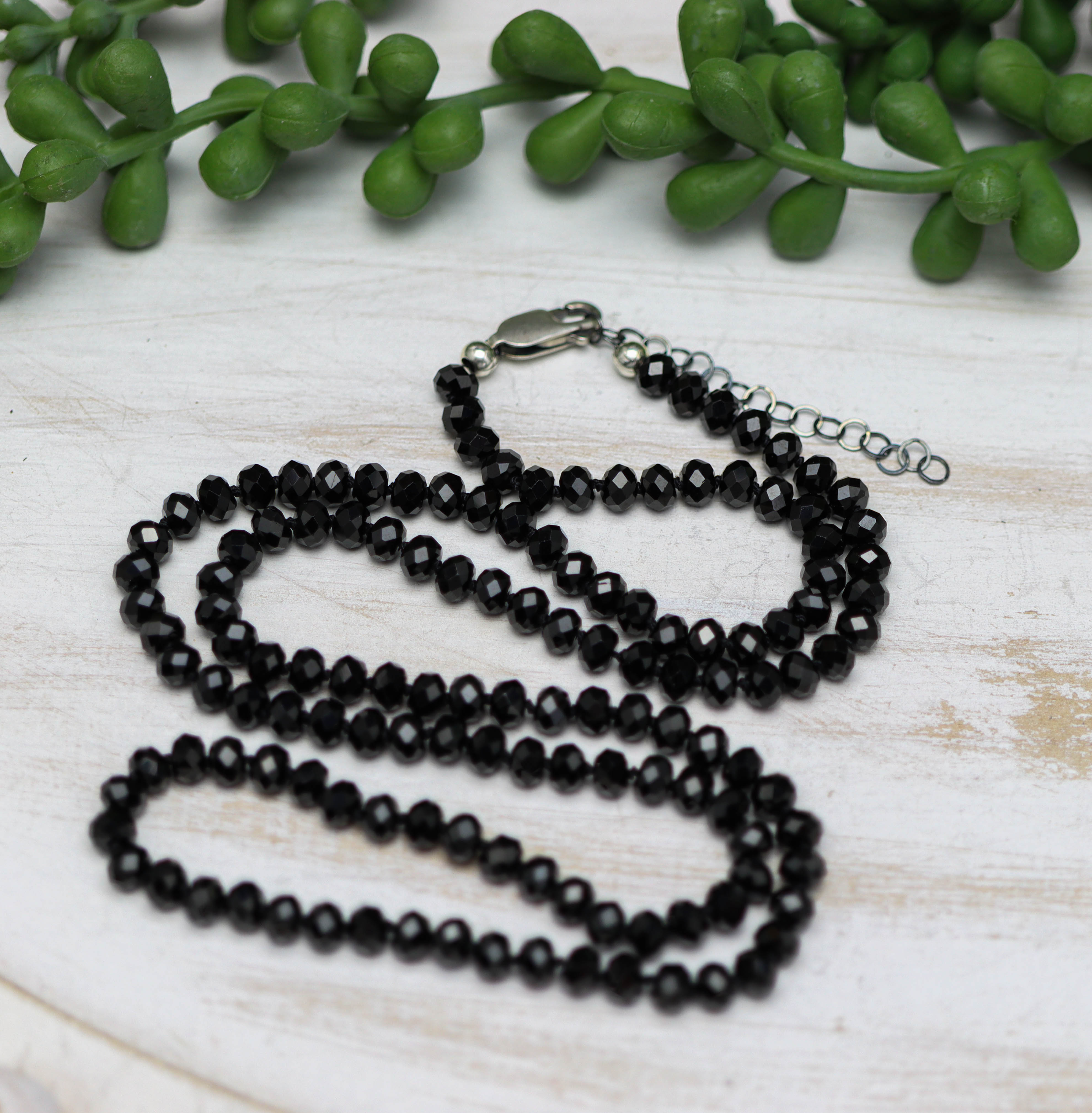 Sparkly Black Spinel Hand Knotted Bead Necklace Sterling Silver 24 Inch