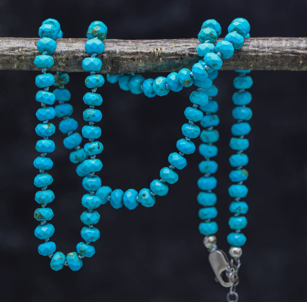 Faceted Turquoise Hand Knotted Bead Necklace Sterling Silver 21 inch