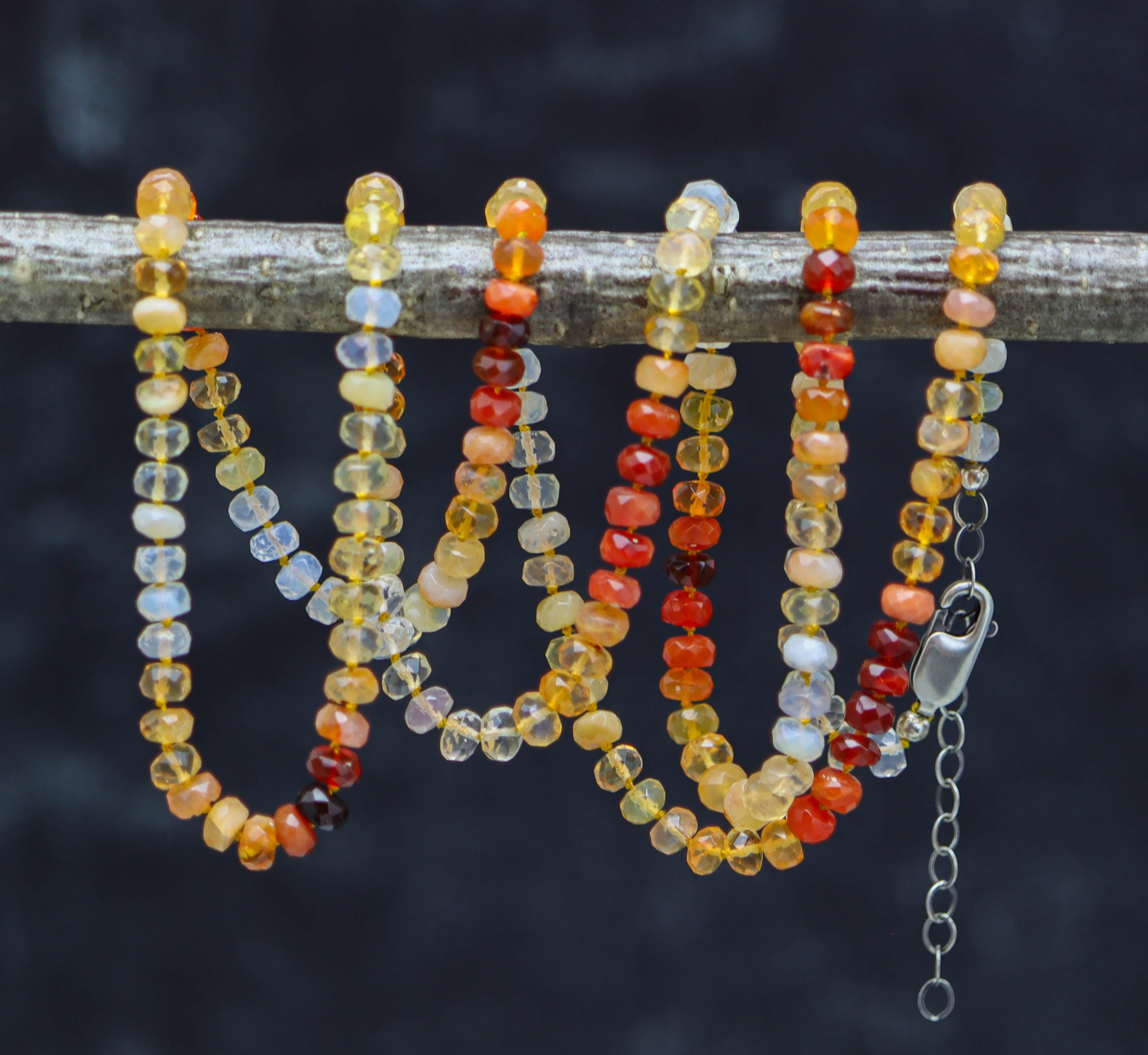 Mexican Fire Opal Hand Knotted Bead Necklace Sterling Silver