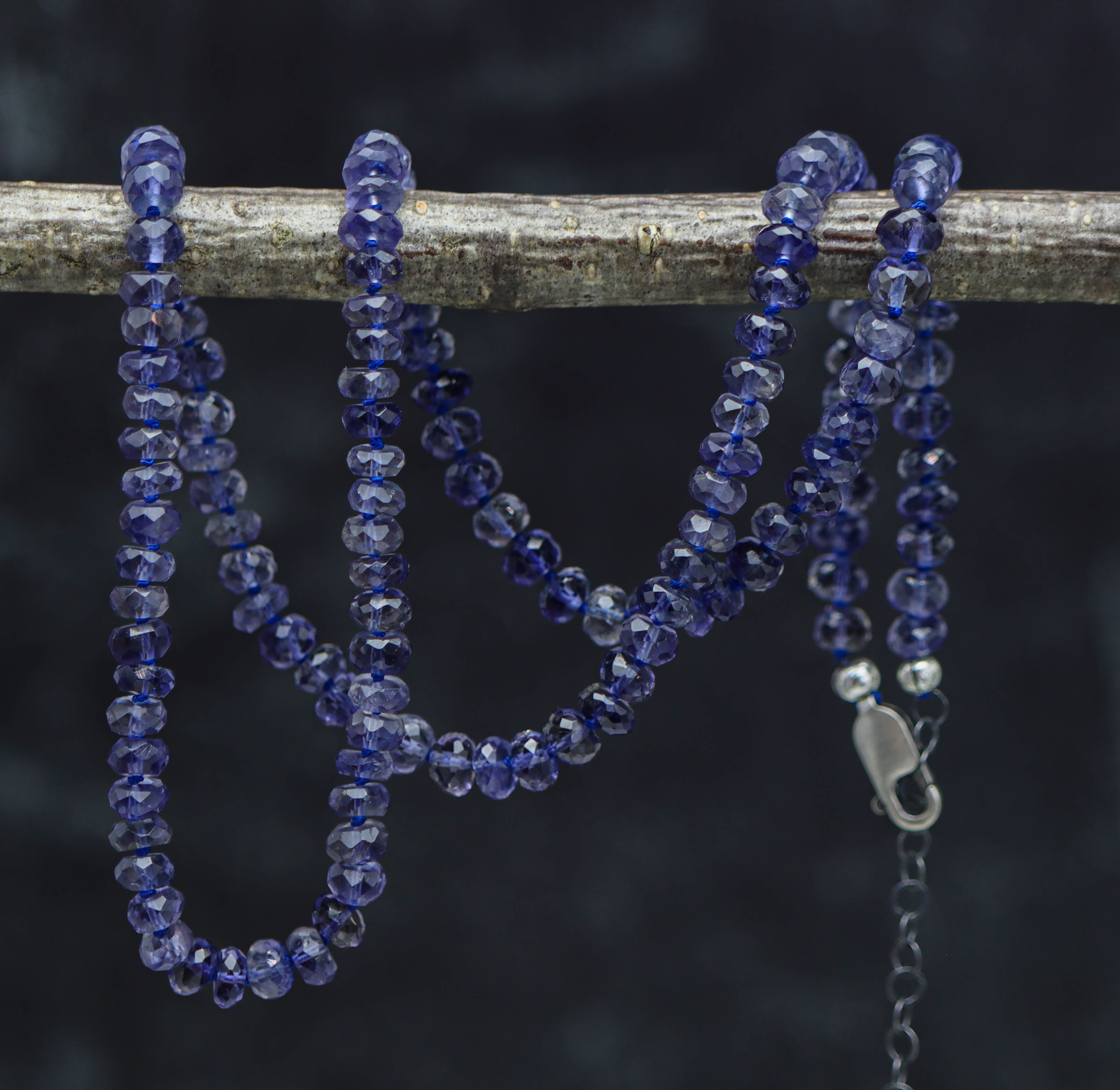 Blue Violet Iolite Hand Knotted Bead Necklace Sterling Silver 22 inch