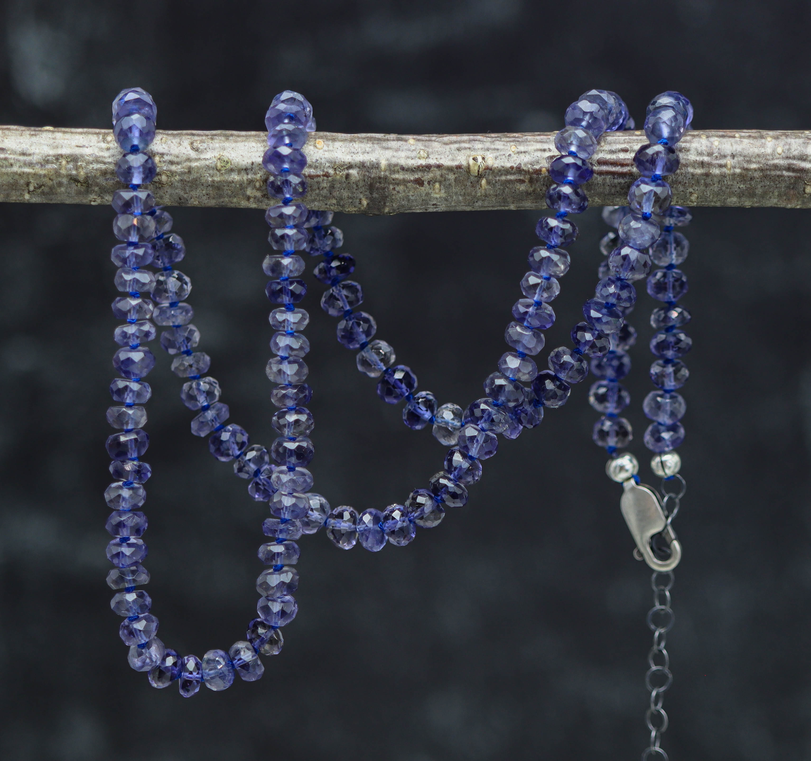 Blue Violet Iolite Hand Knotted Bead Necklace Sterling Silver 22 inch