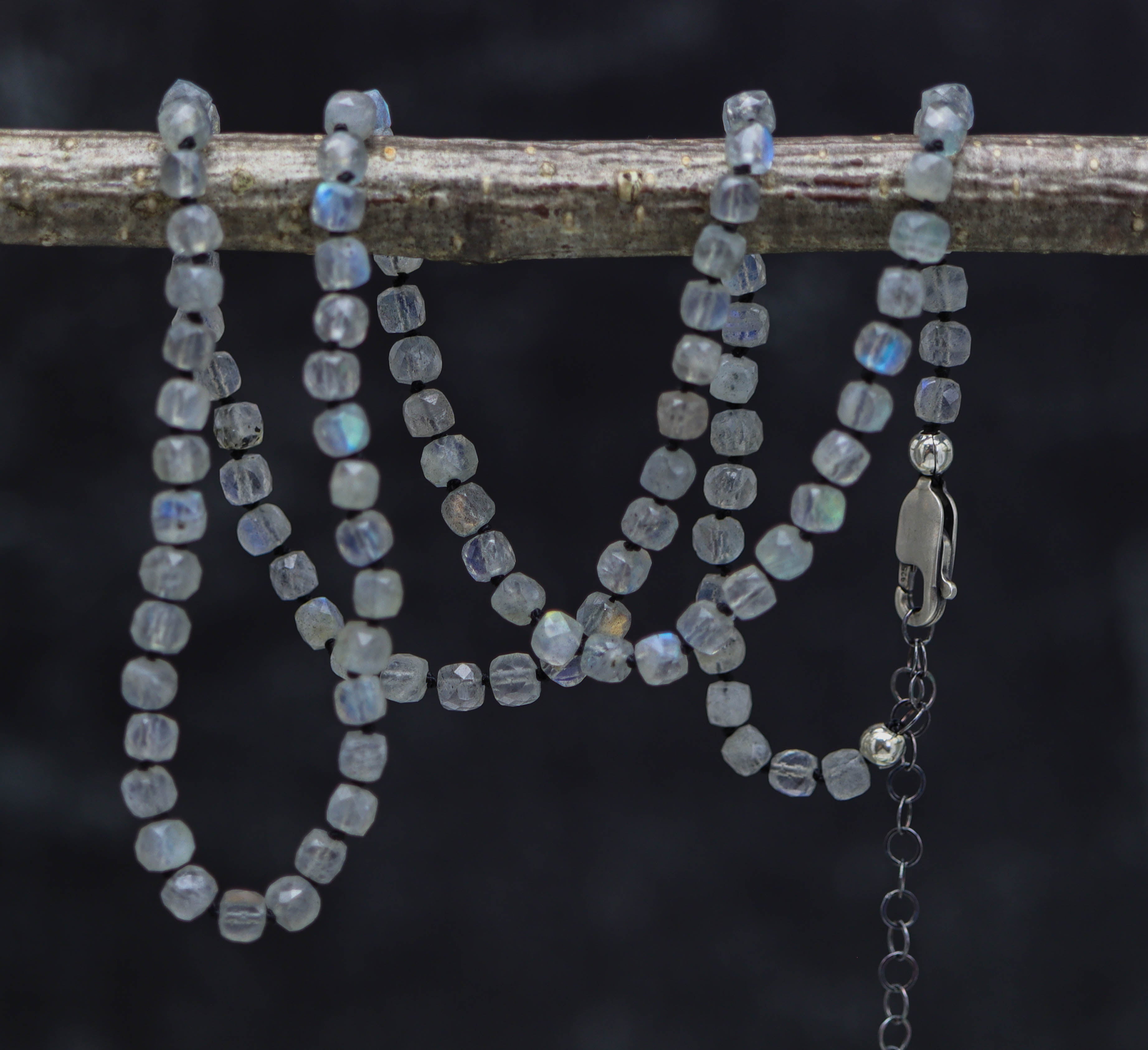 Sparkly Labradorite Faceted Cubes Hand Knotted Bead Necklace Sterling Silver