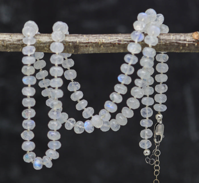 Rainbow Moonstone Hand Knotted Bead Necklace Sterling Silver