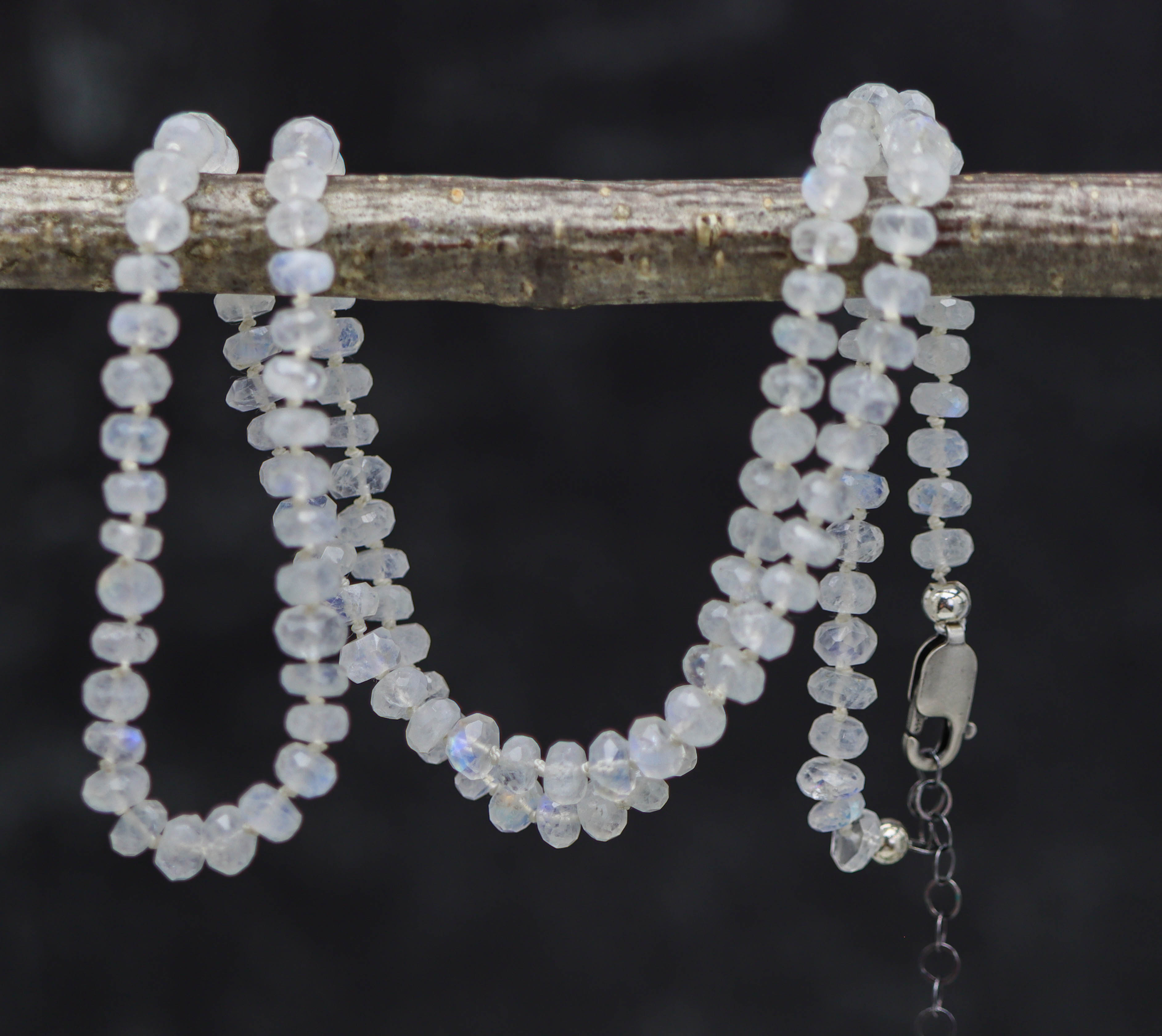 Rainbow Moonstone Hand Knotted Bead Necklace Sterling Silver