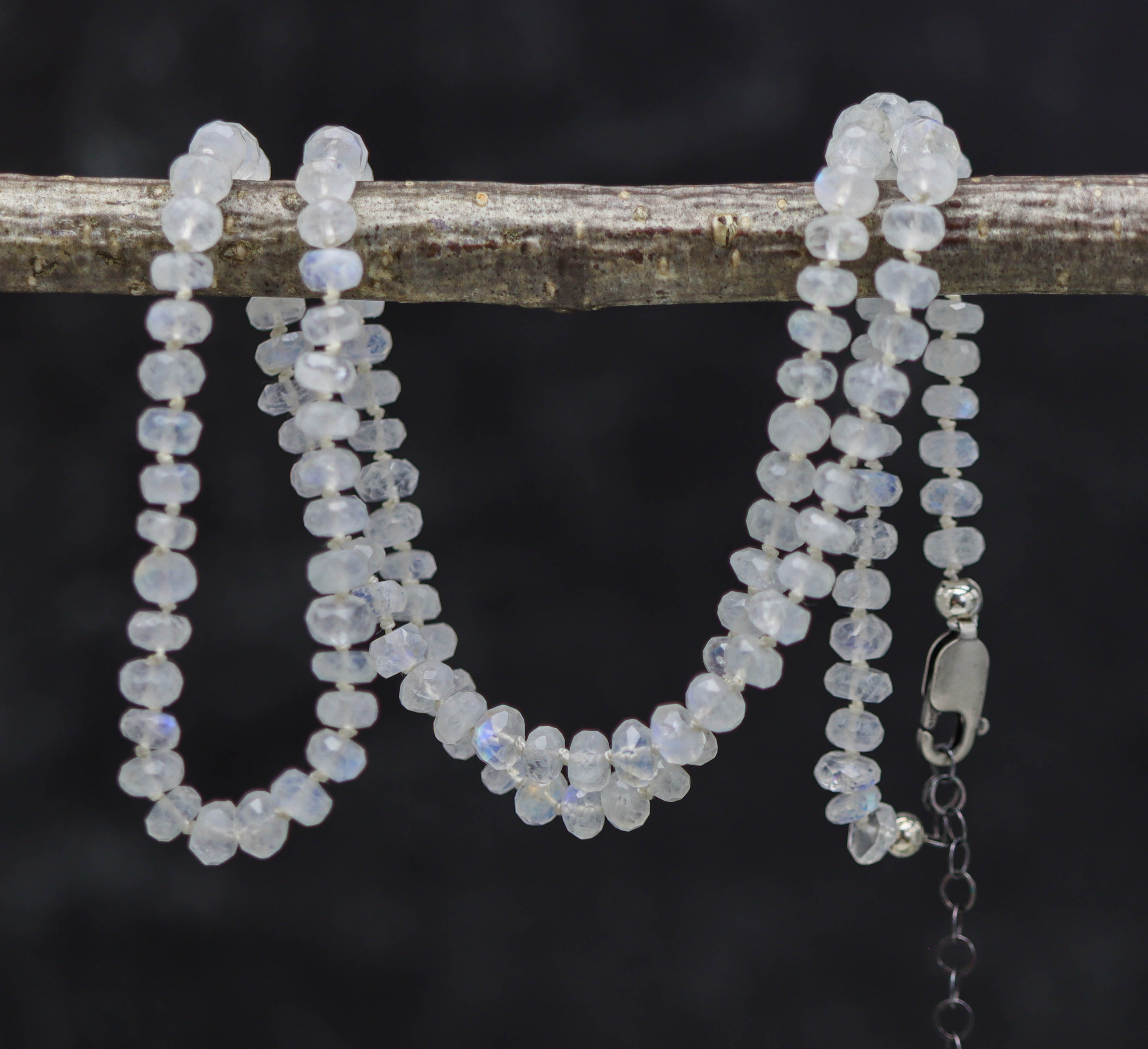 Rainbow Moonstone Hand Knotted Bead Necklace Sterling Silver