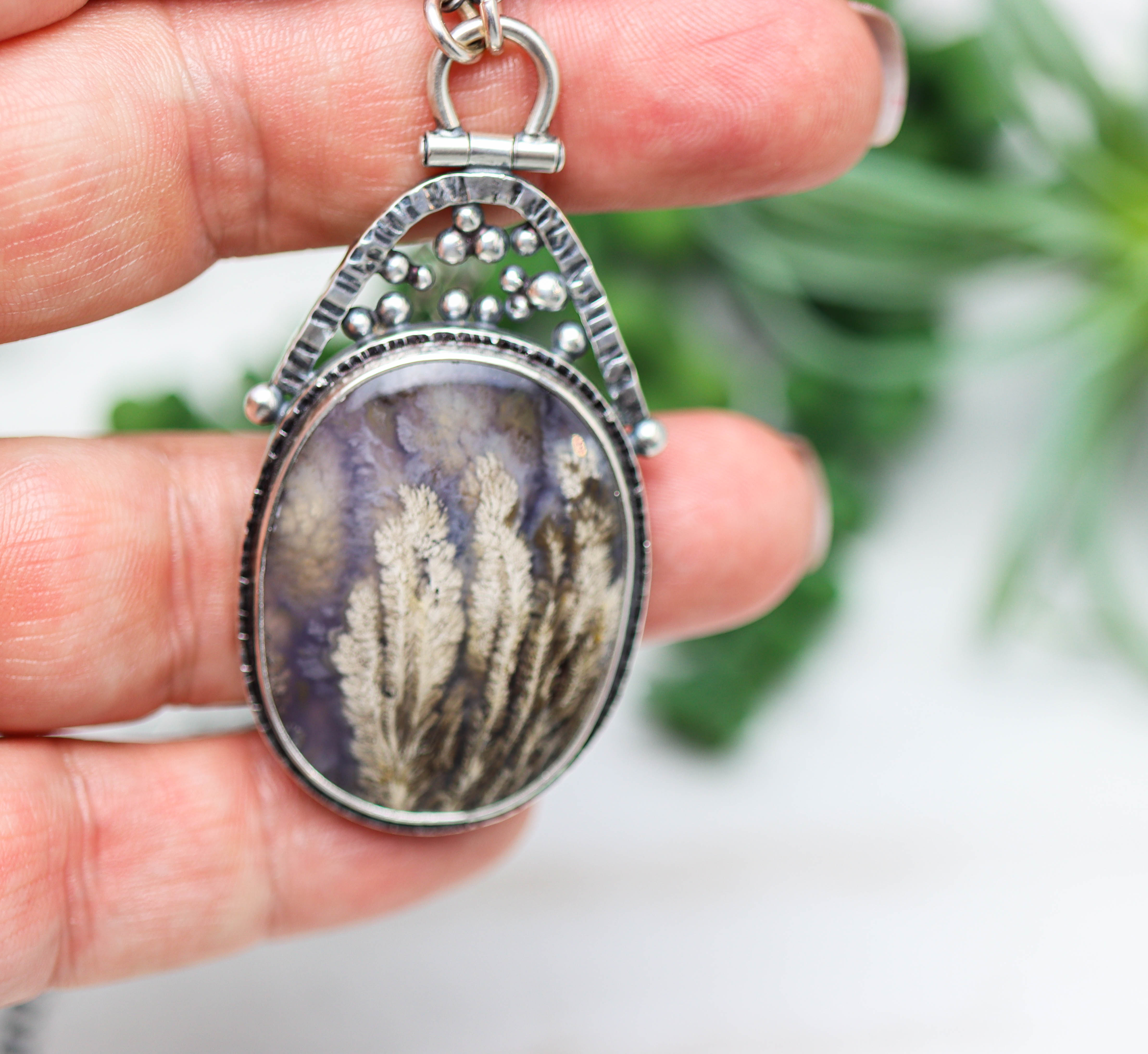 Plume Agate Pendant Necklace Sterling Silver