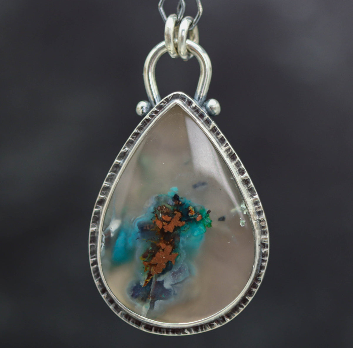 Confetti Agate Chrysocolla and Copper Pendant Sterling Silver Necklace