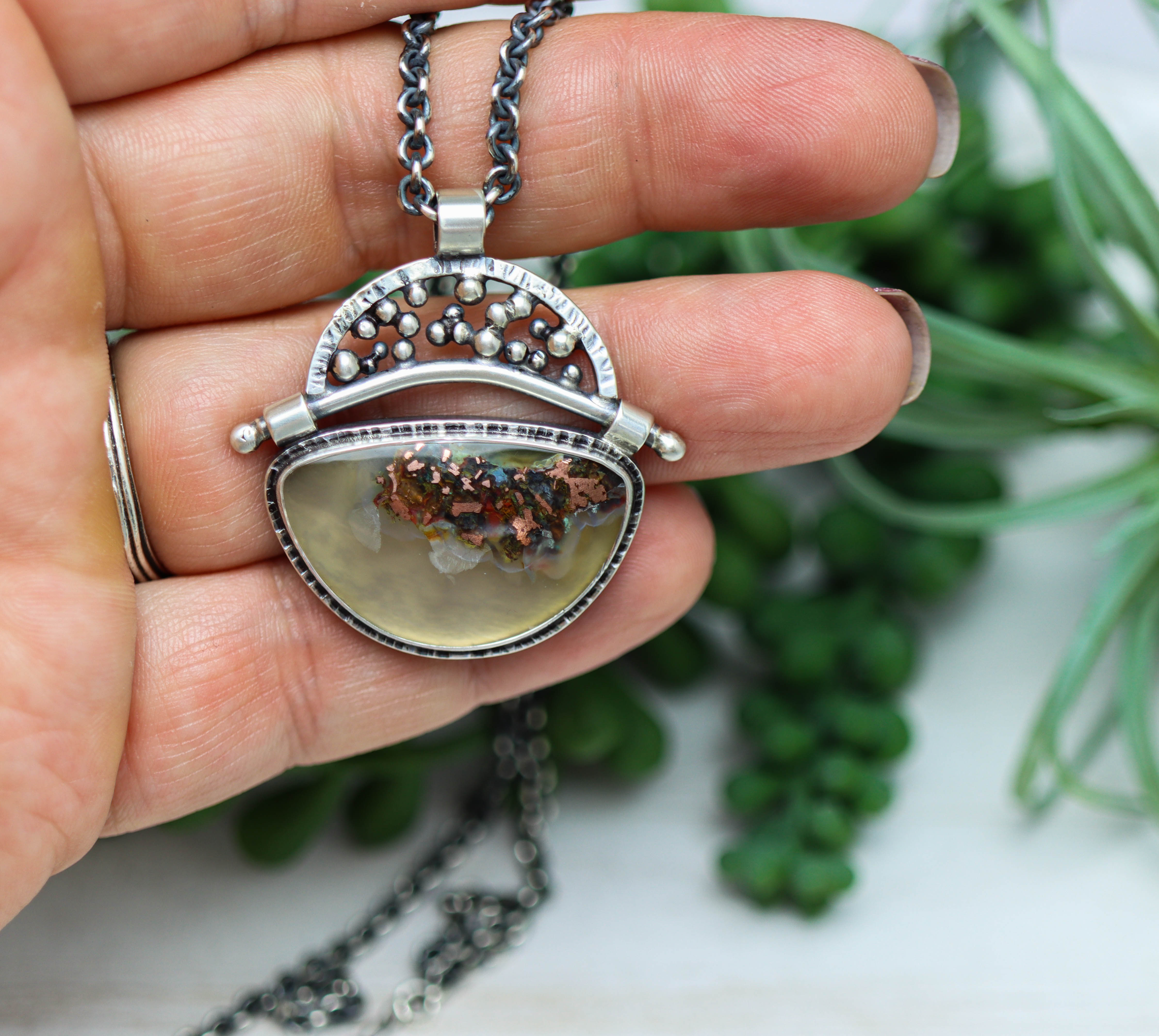 Confetti Agate Chrysocolla and Copper Pendant Sterling Silver Necklace