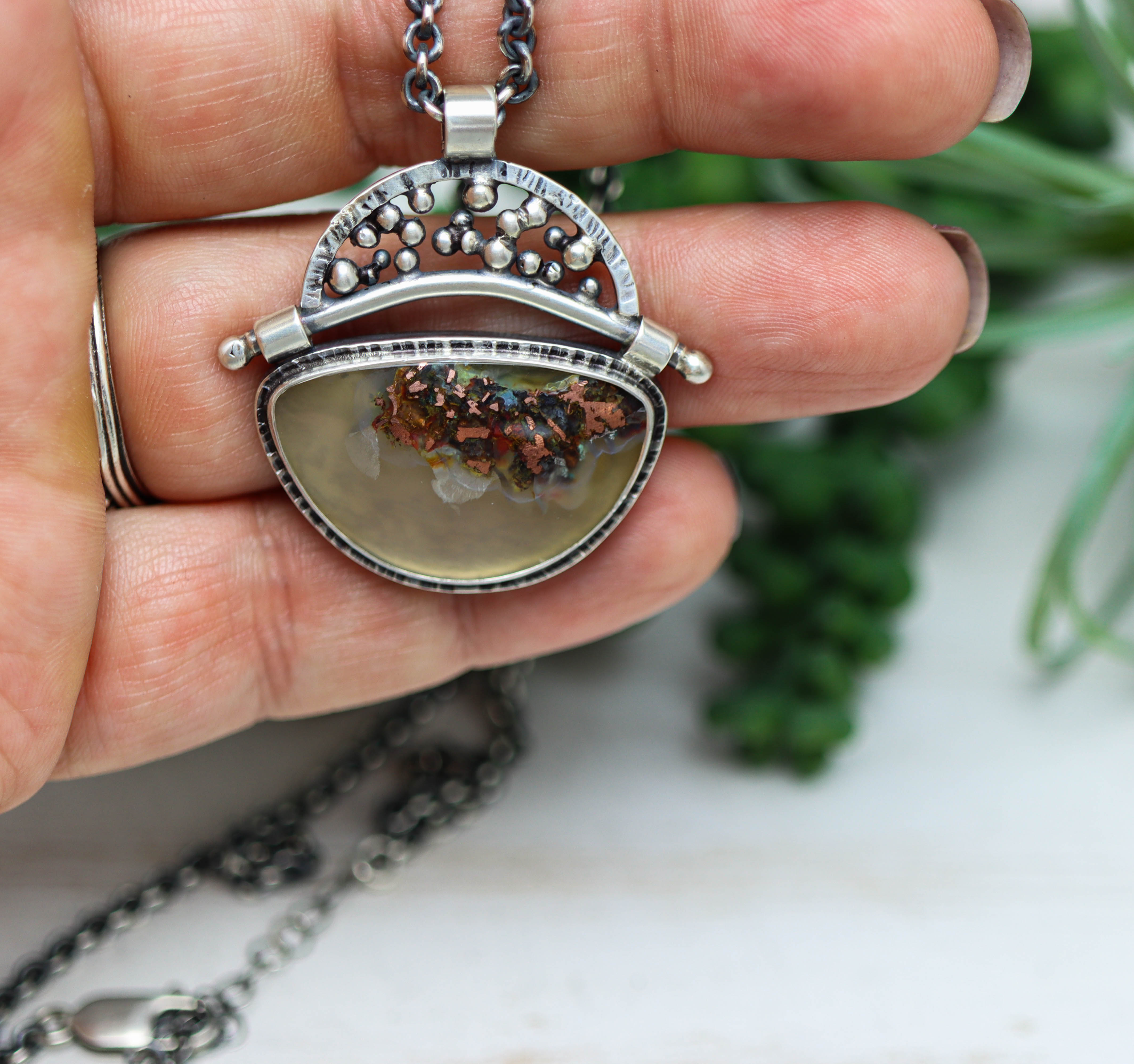 Confetti Agate Chrysocolla and Copper Pendant Sterling Silver Necklace
