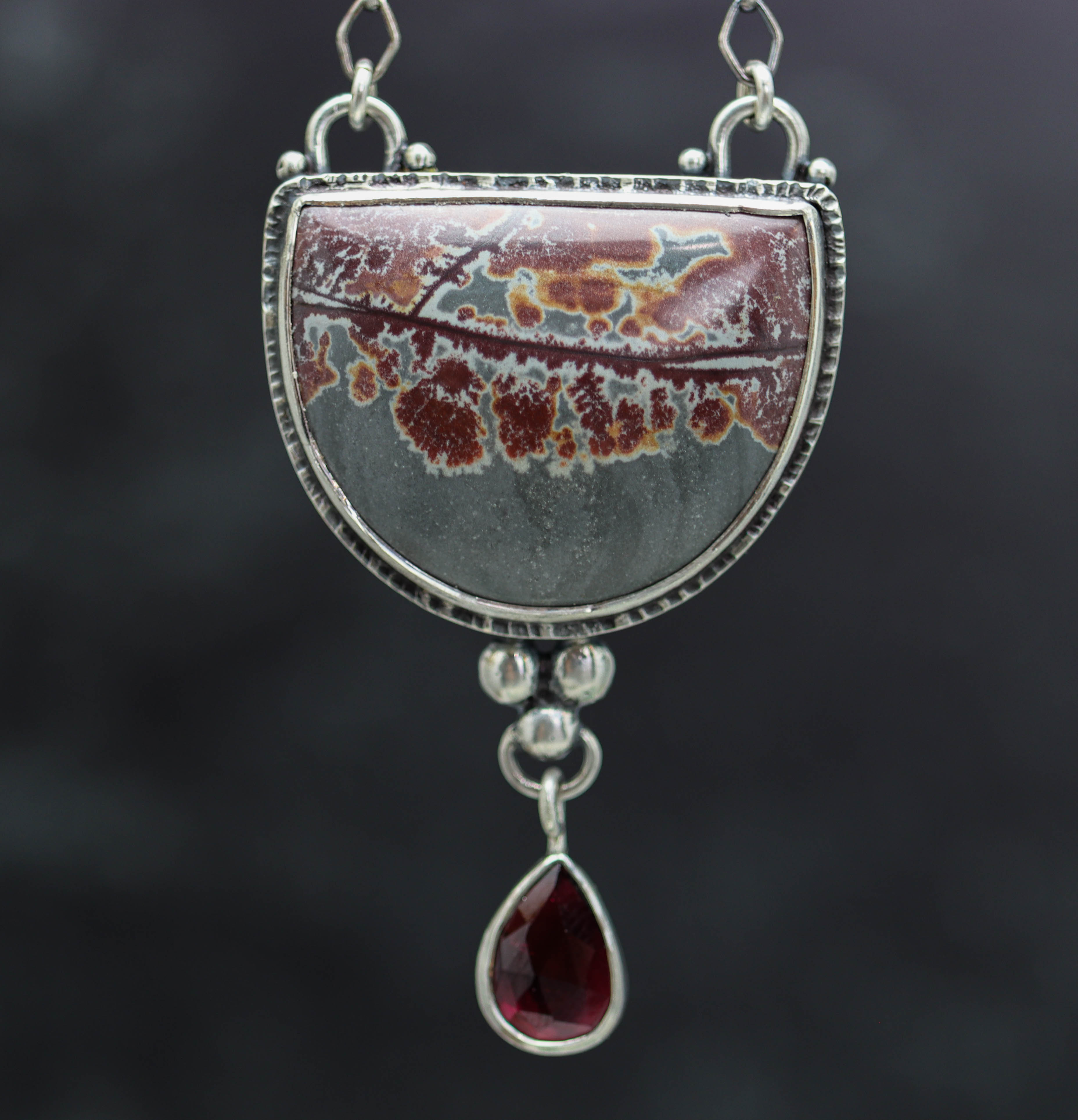 Sonoran Dendritic Rhyolite Jasper and Garnet Necklace Sterling Silver