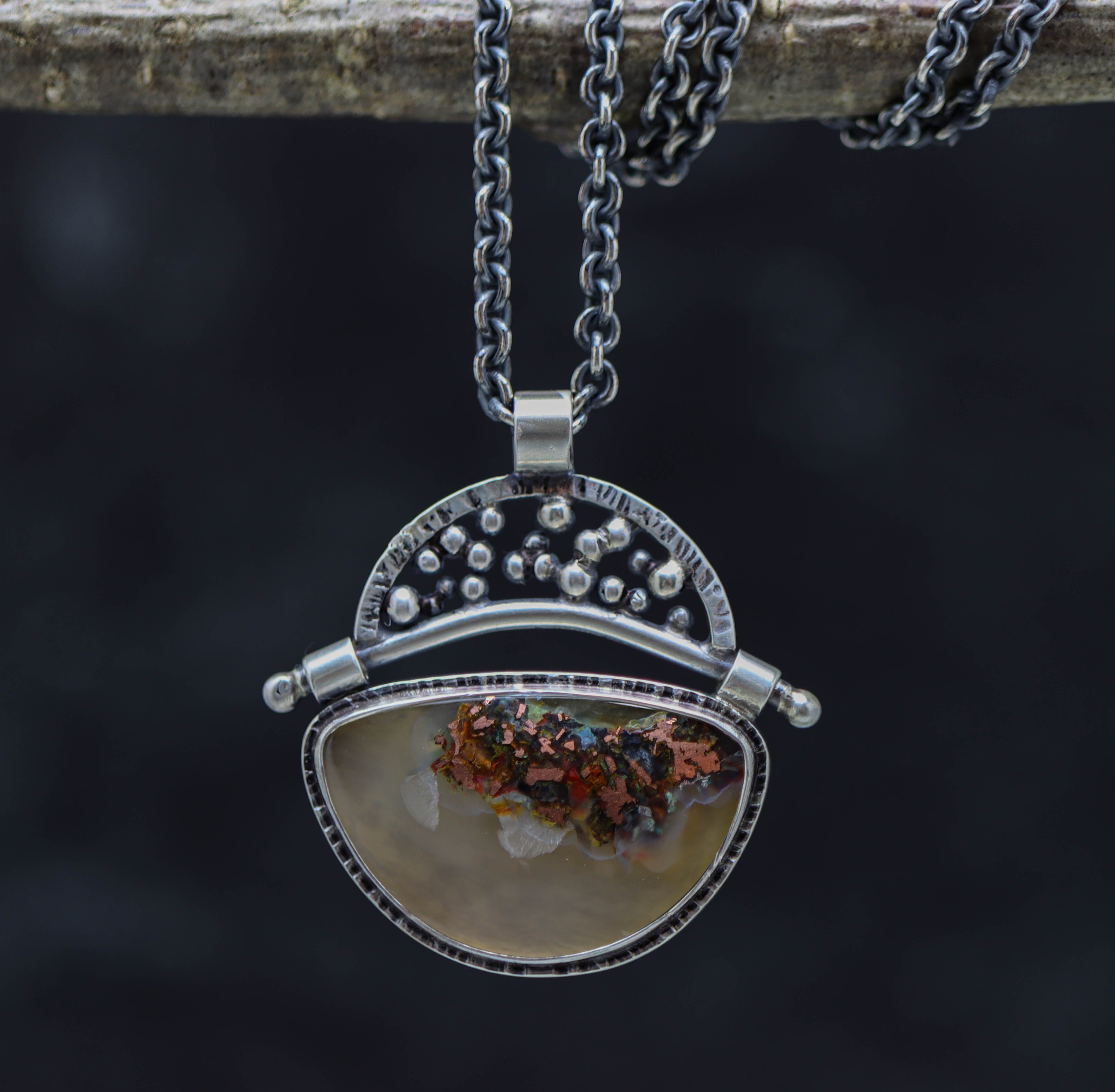 Confetti Agate Chrysocolla and Copper Pendant Sterling Silver Necklace