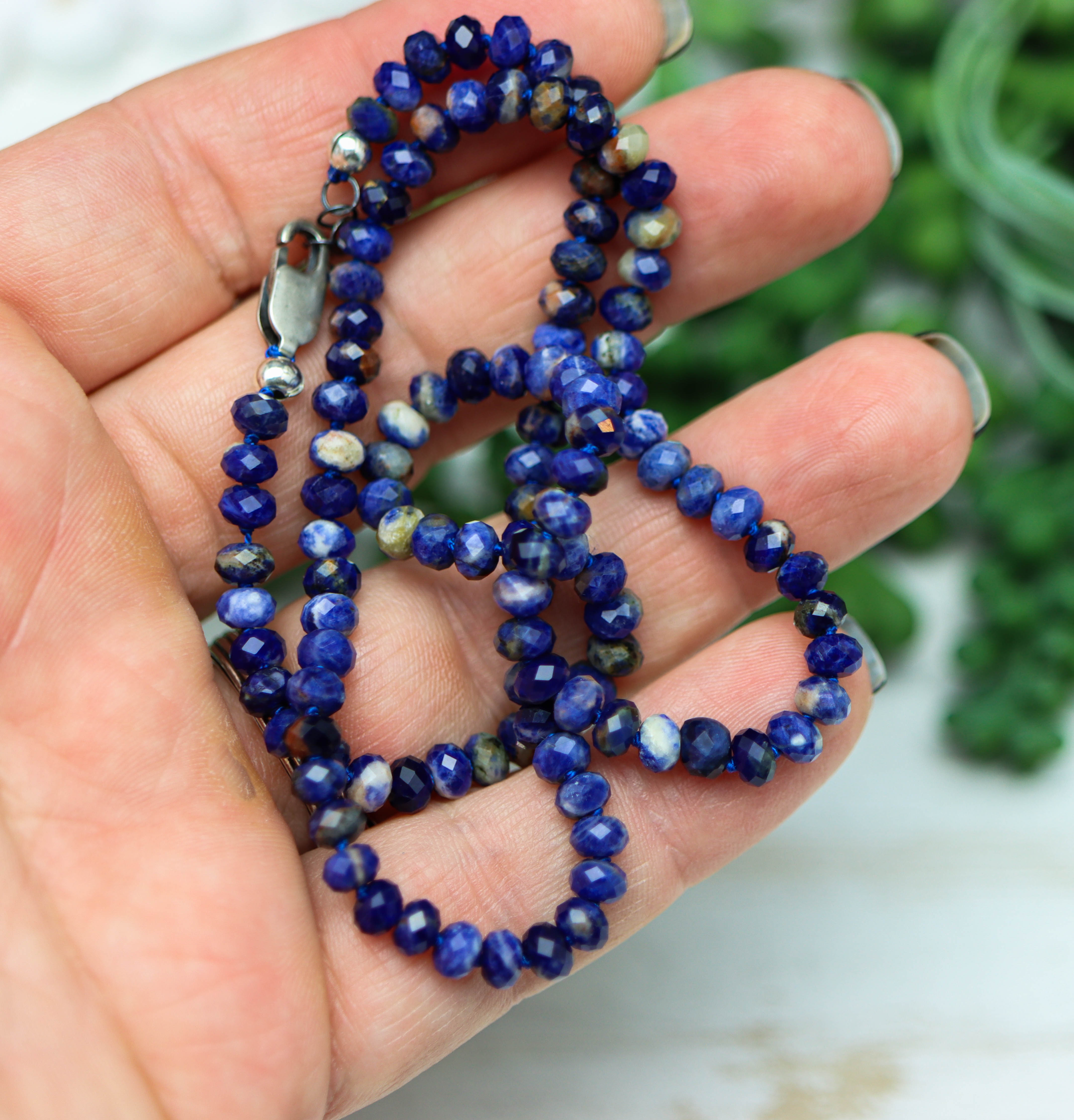 Blue Sodalite Hand Knotted Bead Necklace Sterling Silver