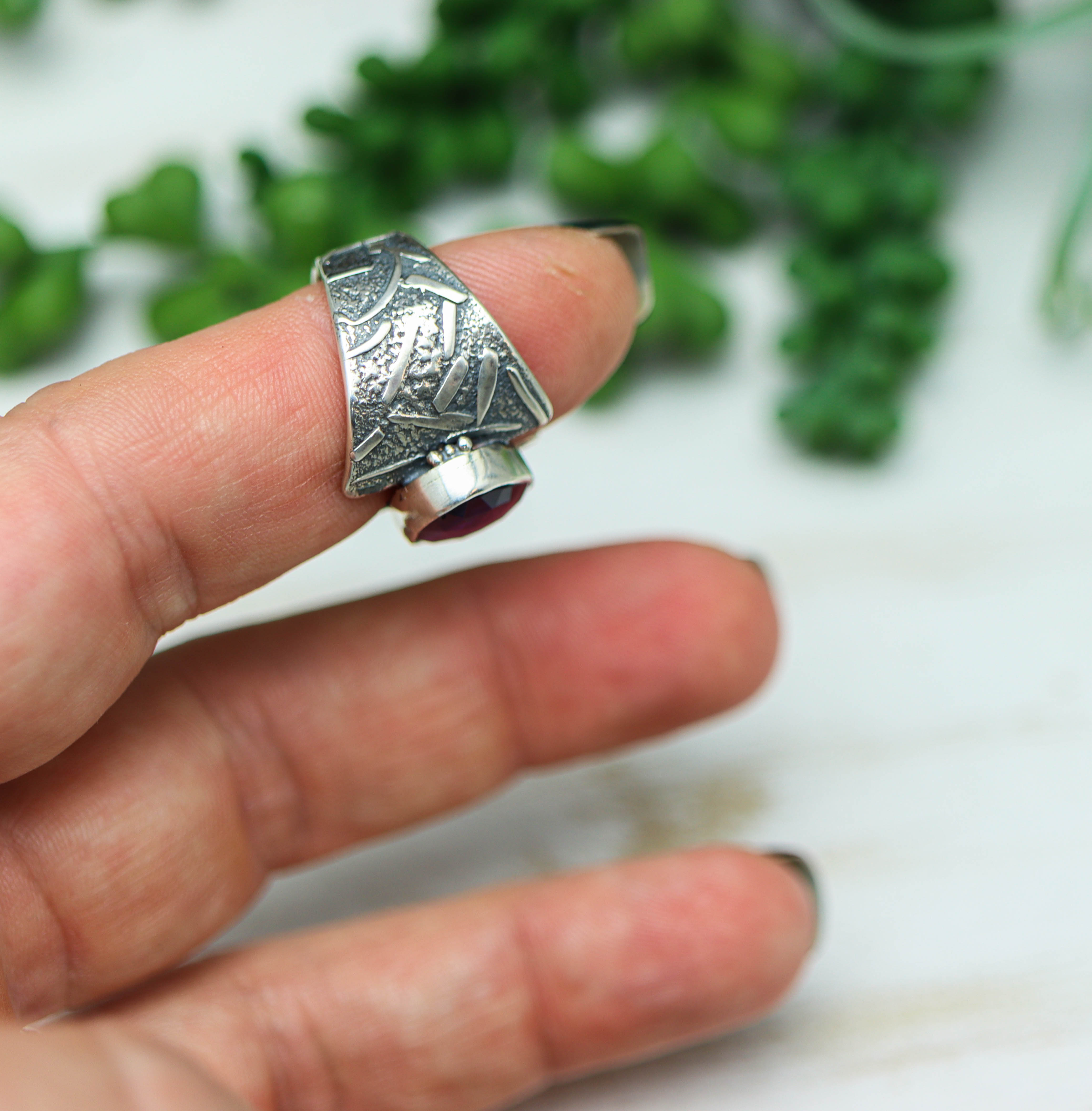 Amethyst Sterling Silver Wide Band Ring Size 7.5