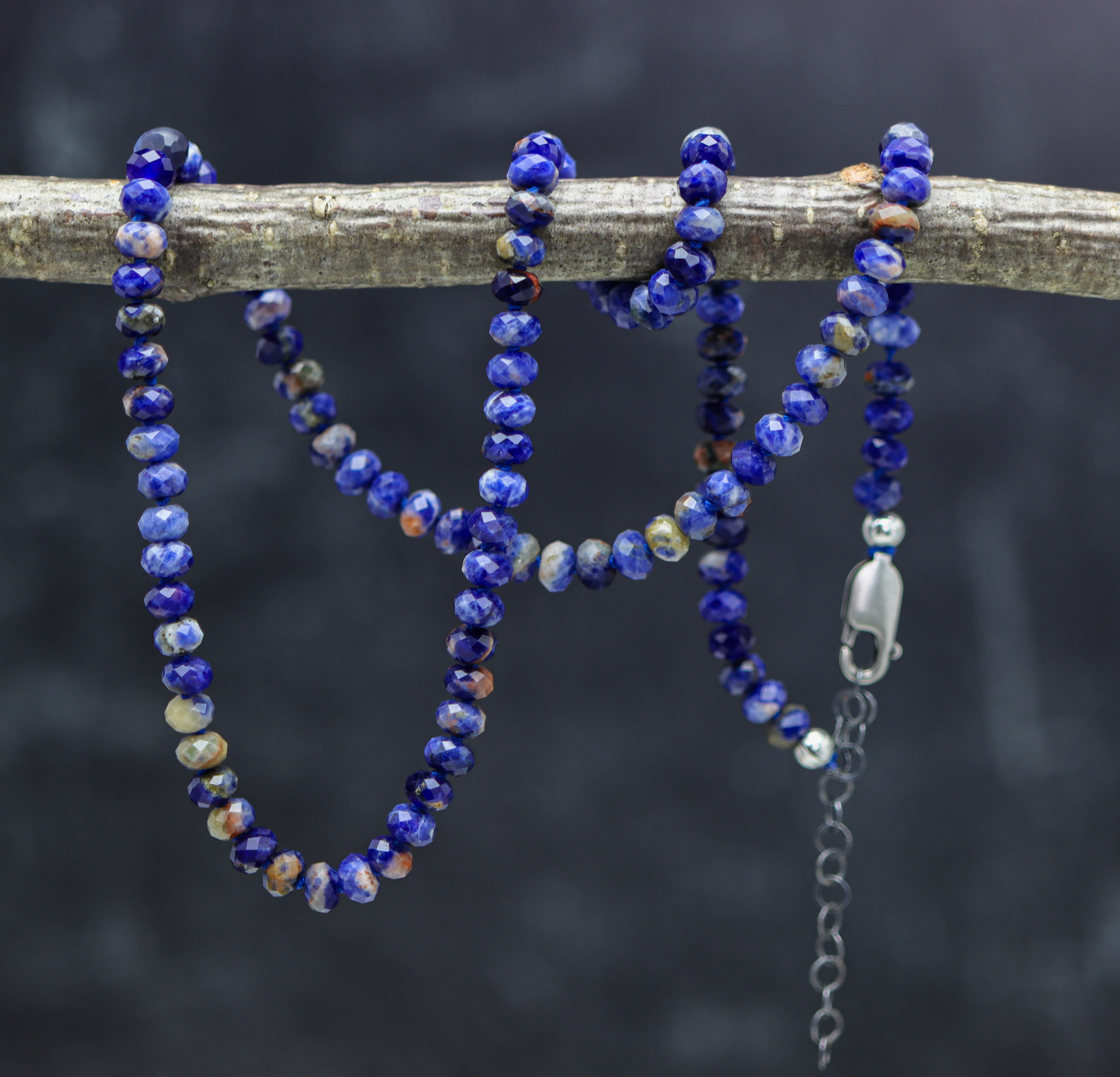 Blue Sodalite Hand Knotted Bead Necklace Sterling Silver