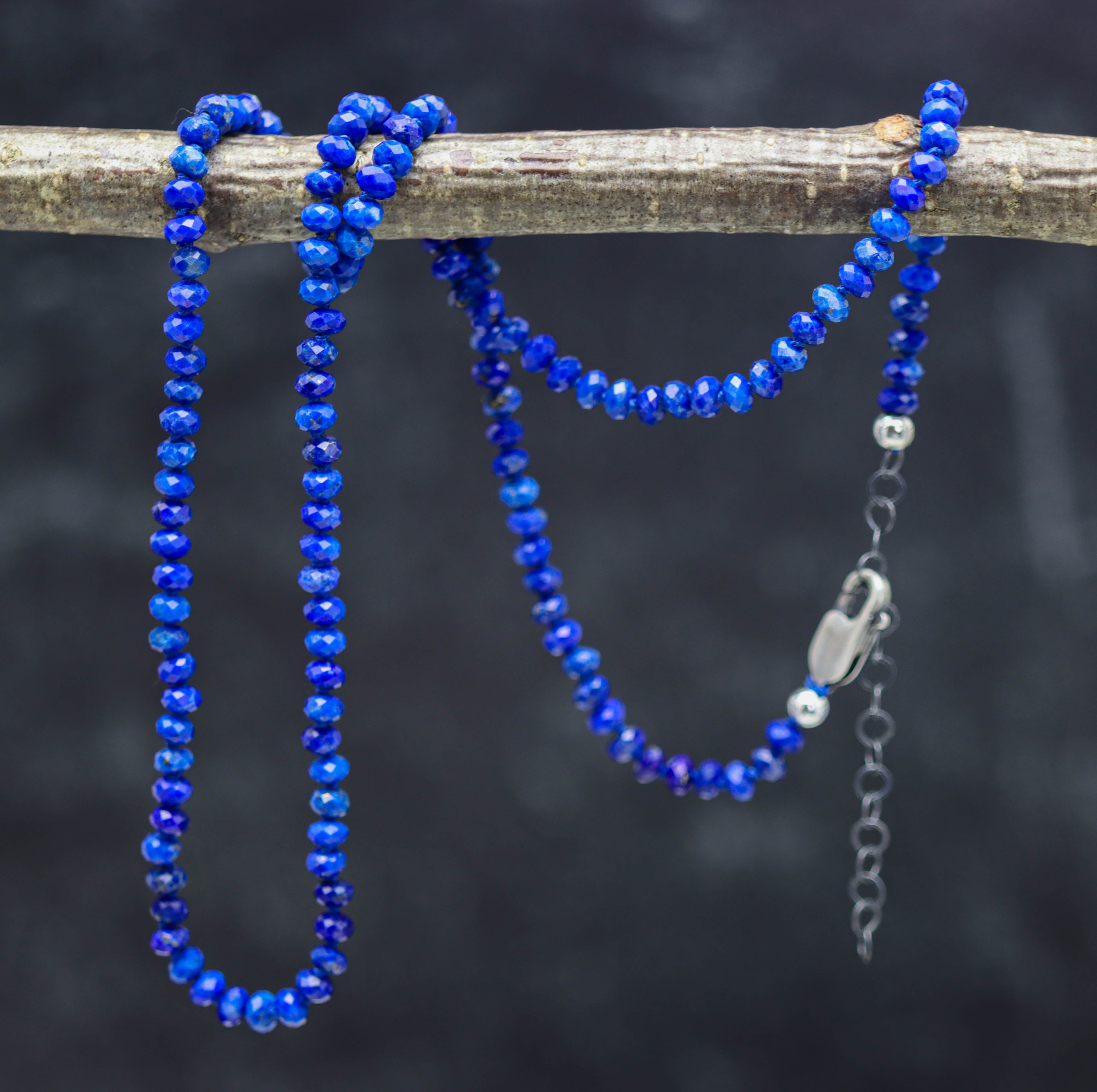 Blue Lapis Hand Knotted Bead Necklace Sterling Silver