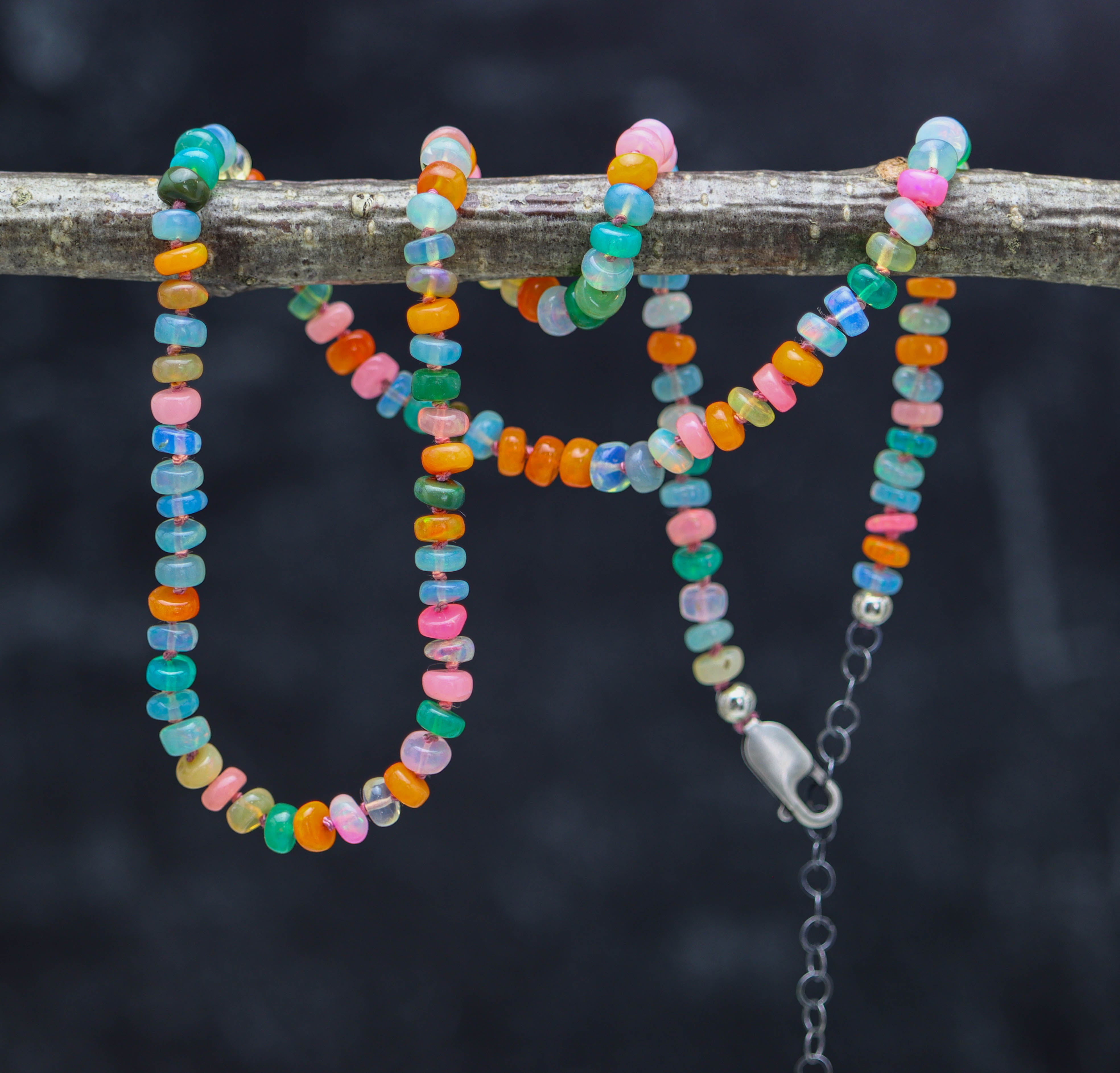 Dyed Multicolor Opal Hand-Knotted Strand Necklace in Sterling Silver