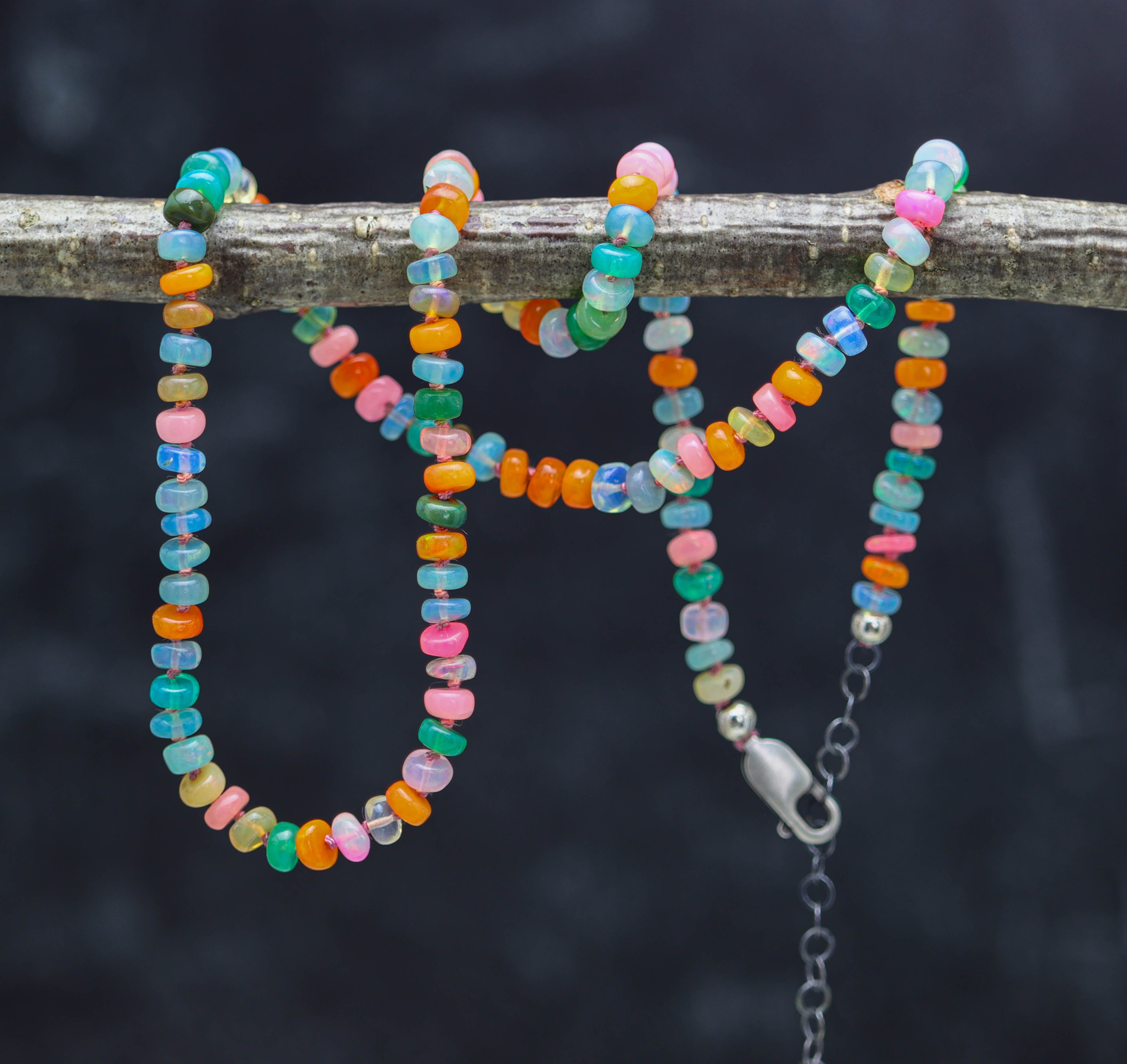 Dyed Multicolor Opal Hand-Knotted Strand Necklace in Sterling Silver