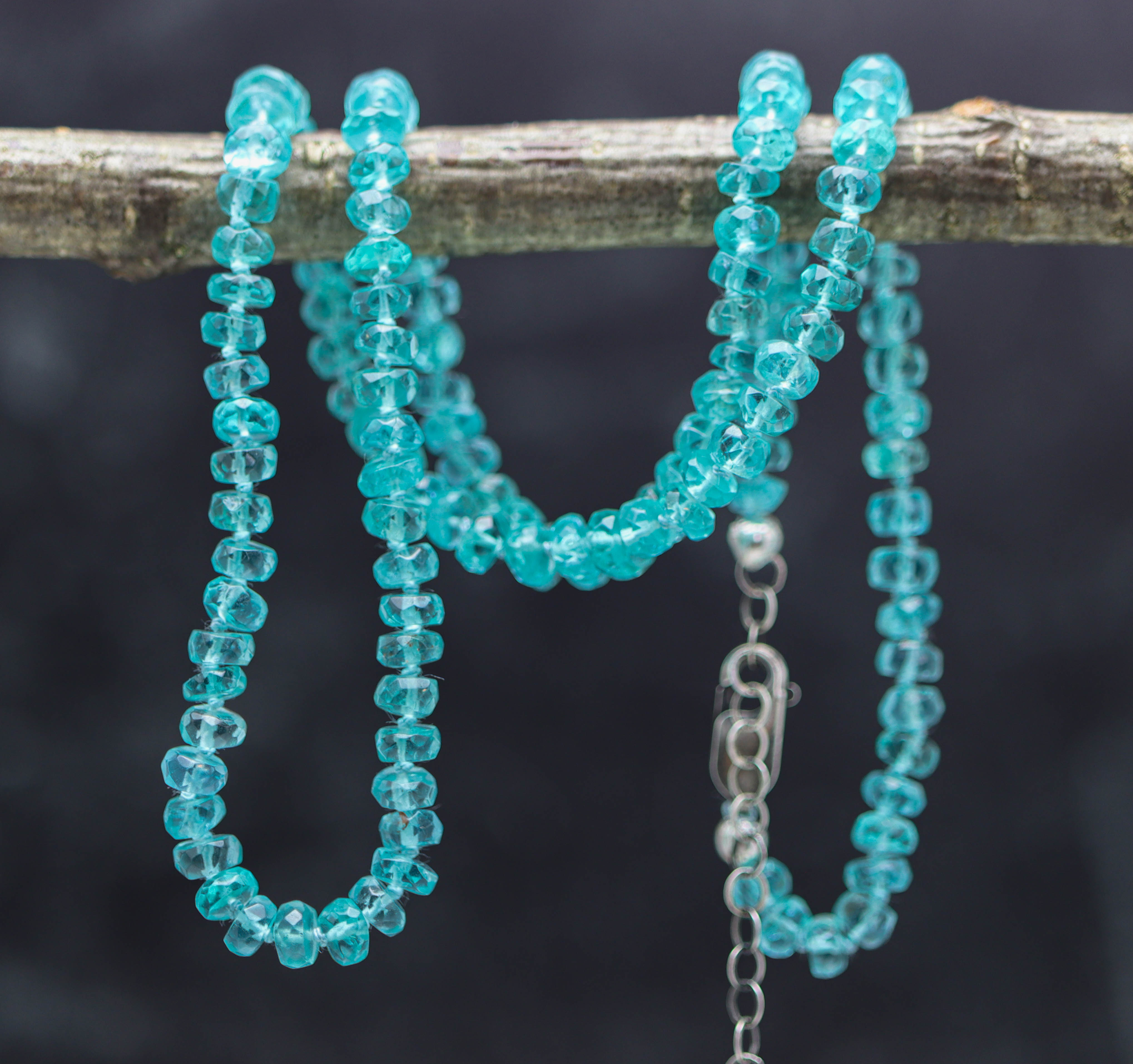 Neon Blue Apatite Hand Knotted Bead Necklace Sterling Silver