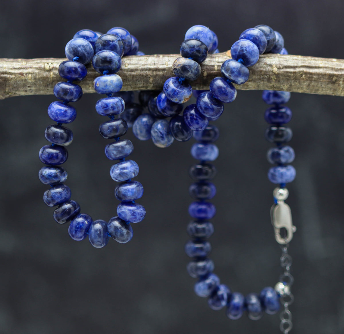 Blue Sodalite Hand Knotted Bead Necklace Sterling Silver