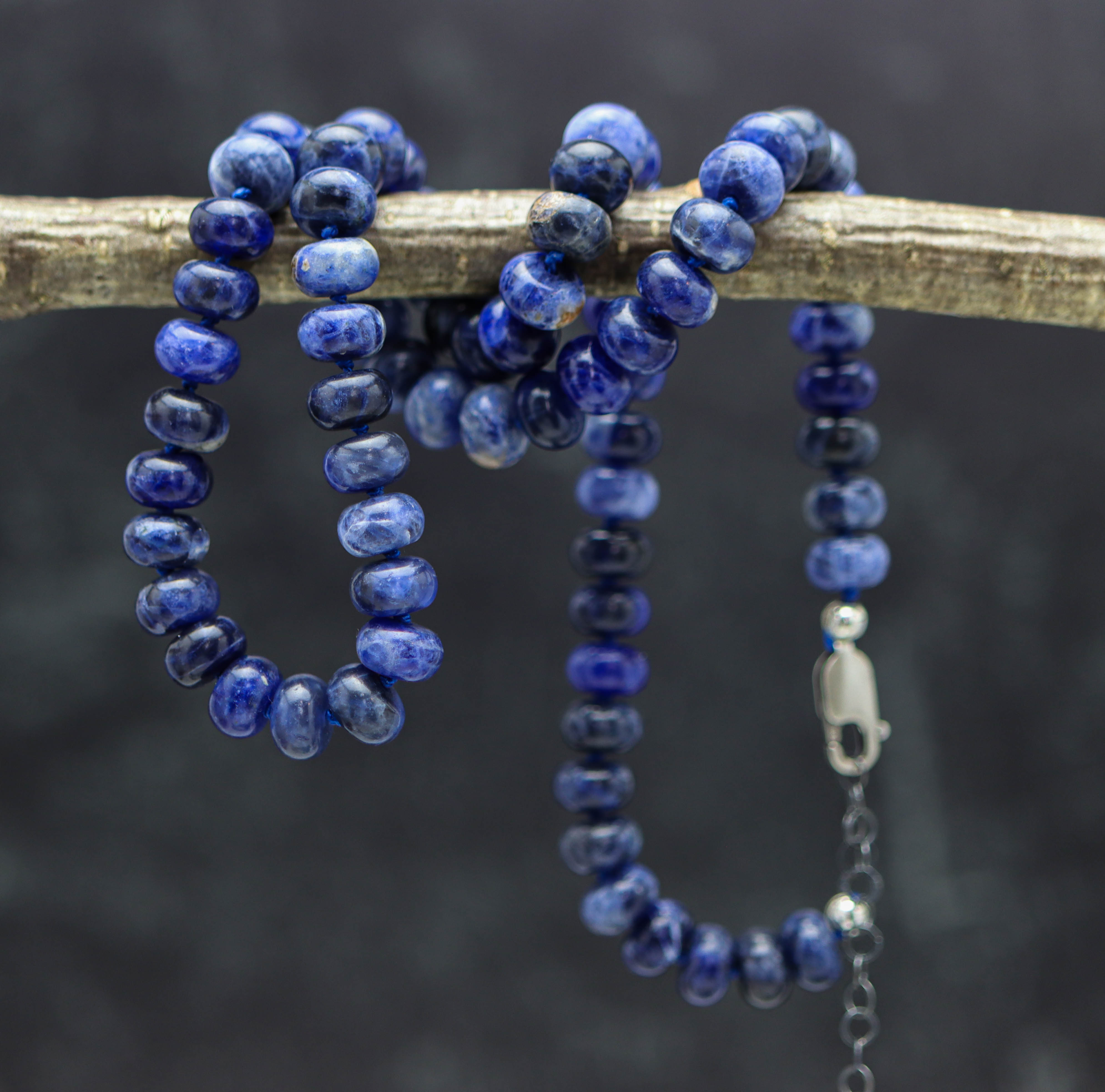 Blue Sodalite Hand Knotted Bead Necklace Sterling Silver