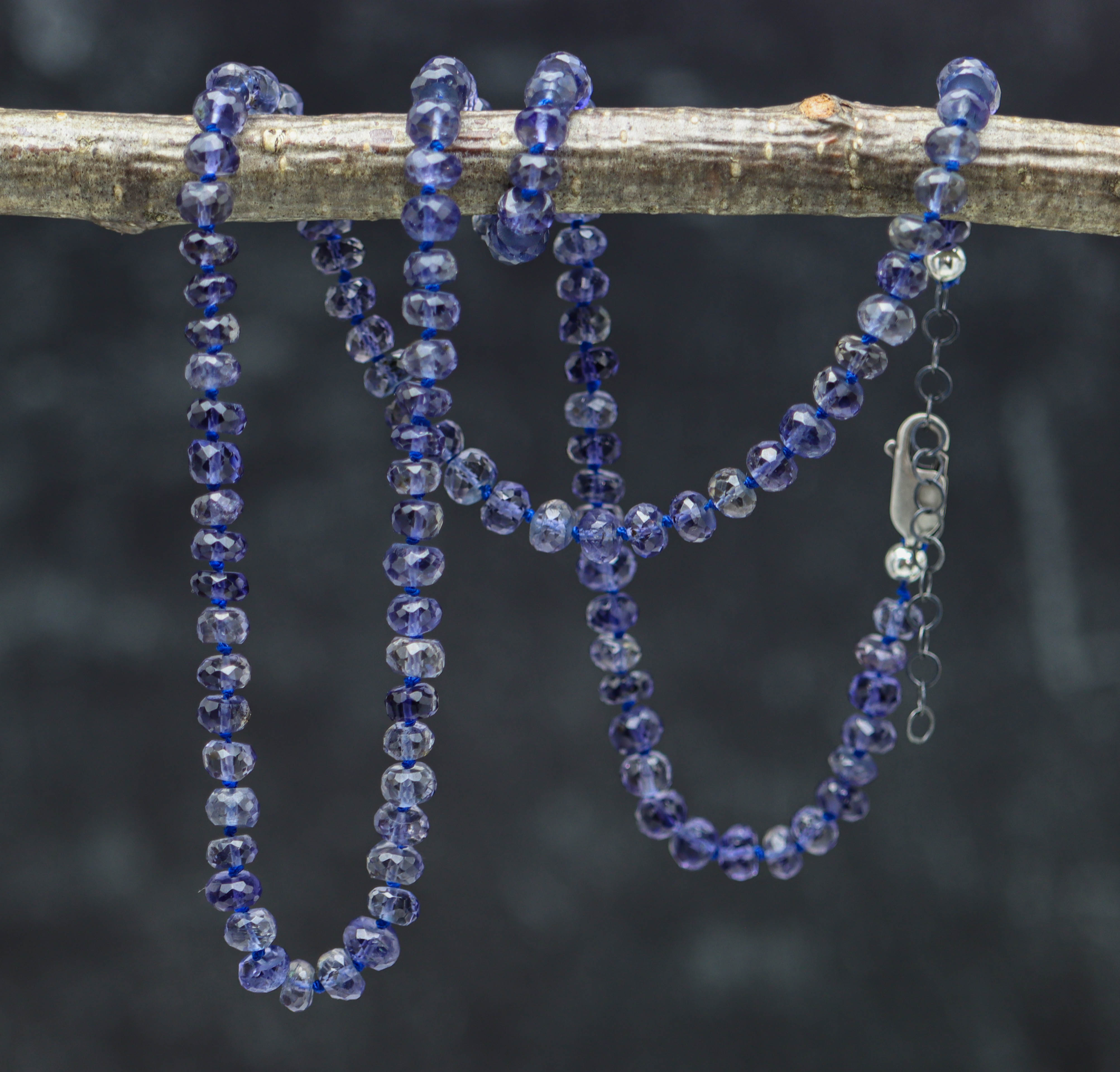 Blue Violet Iolite Hand Knotted Bead Necklace Sterling Silver 21 inch