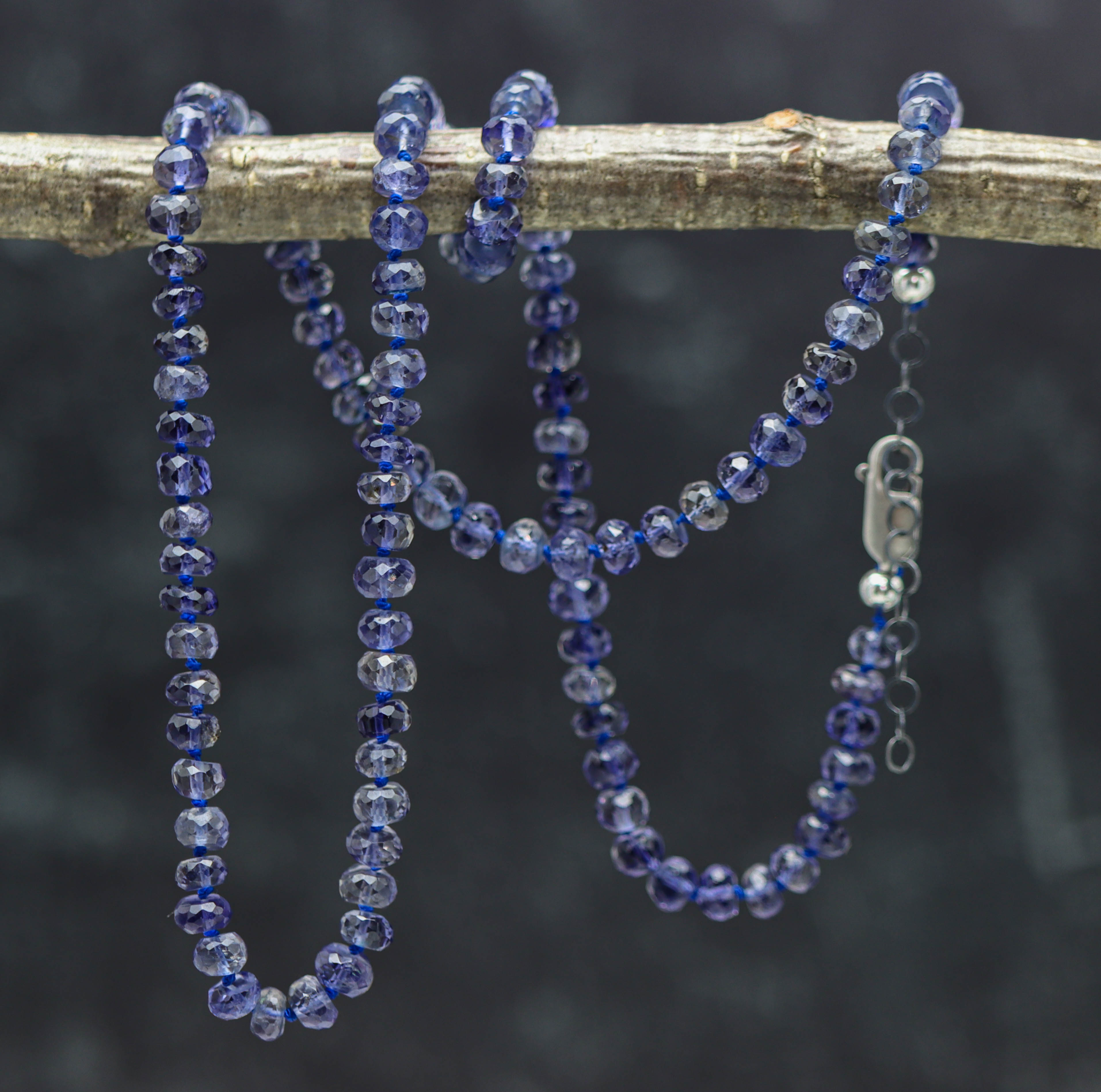 Blue Violet Iolite Hand Knotted Bead Necklace Sterling Silver 21 inch