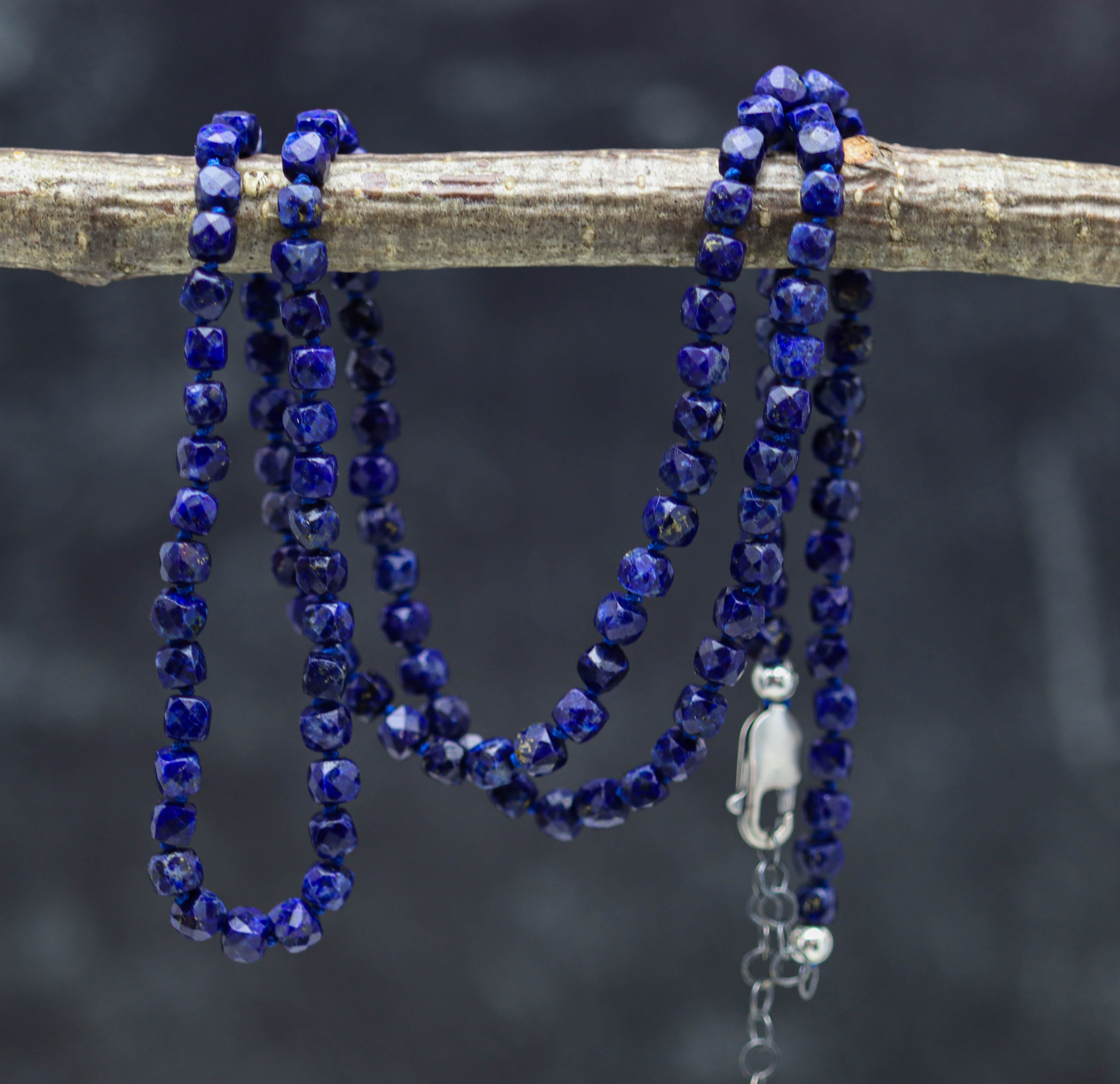 Blue Lapis Hand Knotted Bead Necklace Sterling Silver