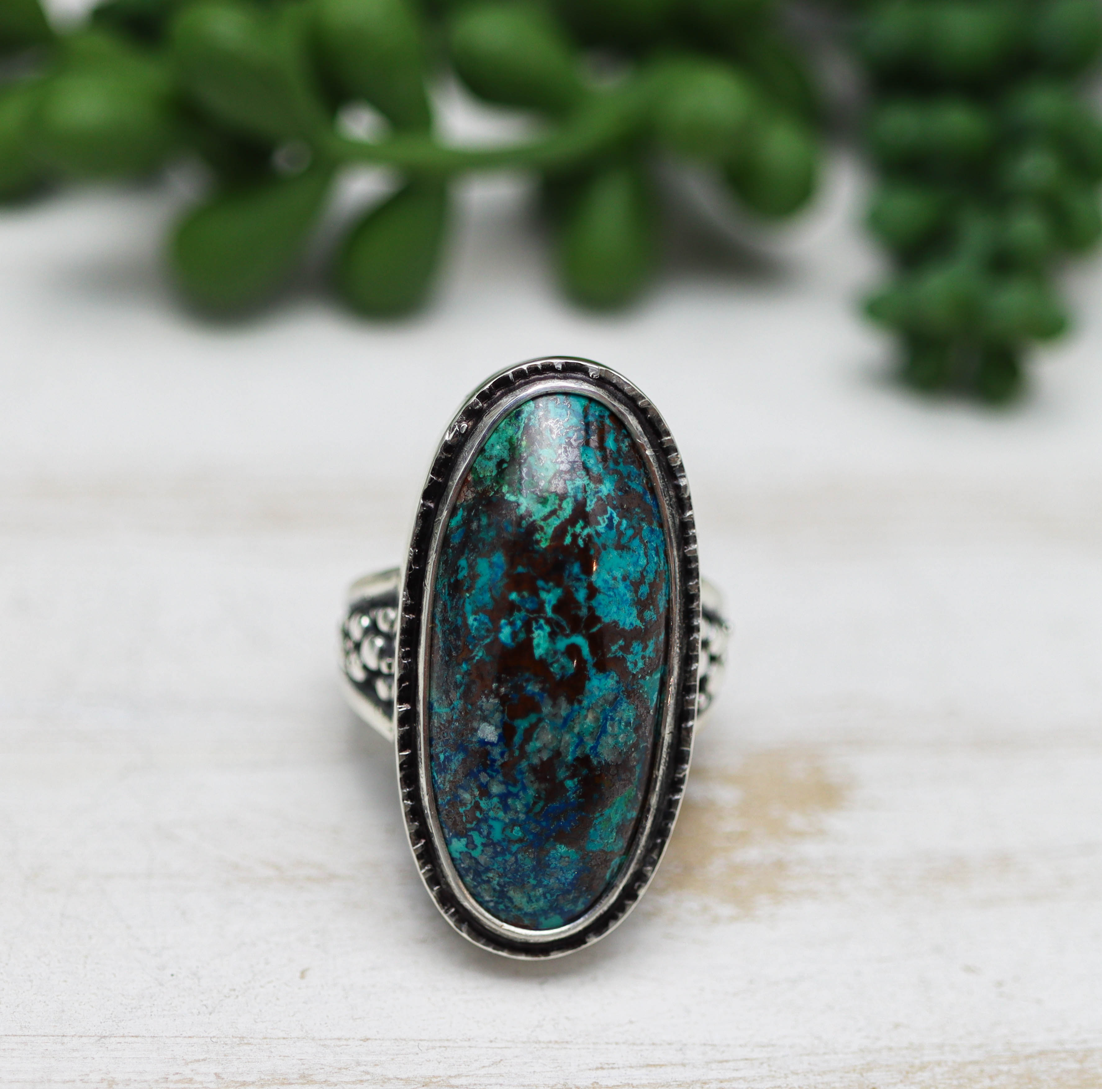Vivid Blue Shattuckite Sterling Silver Ring Size 7.5
