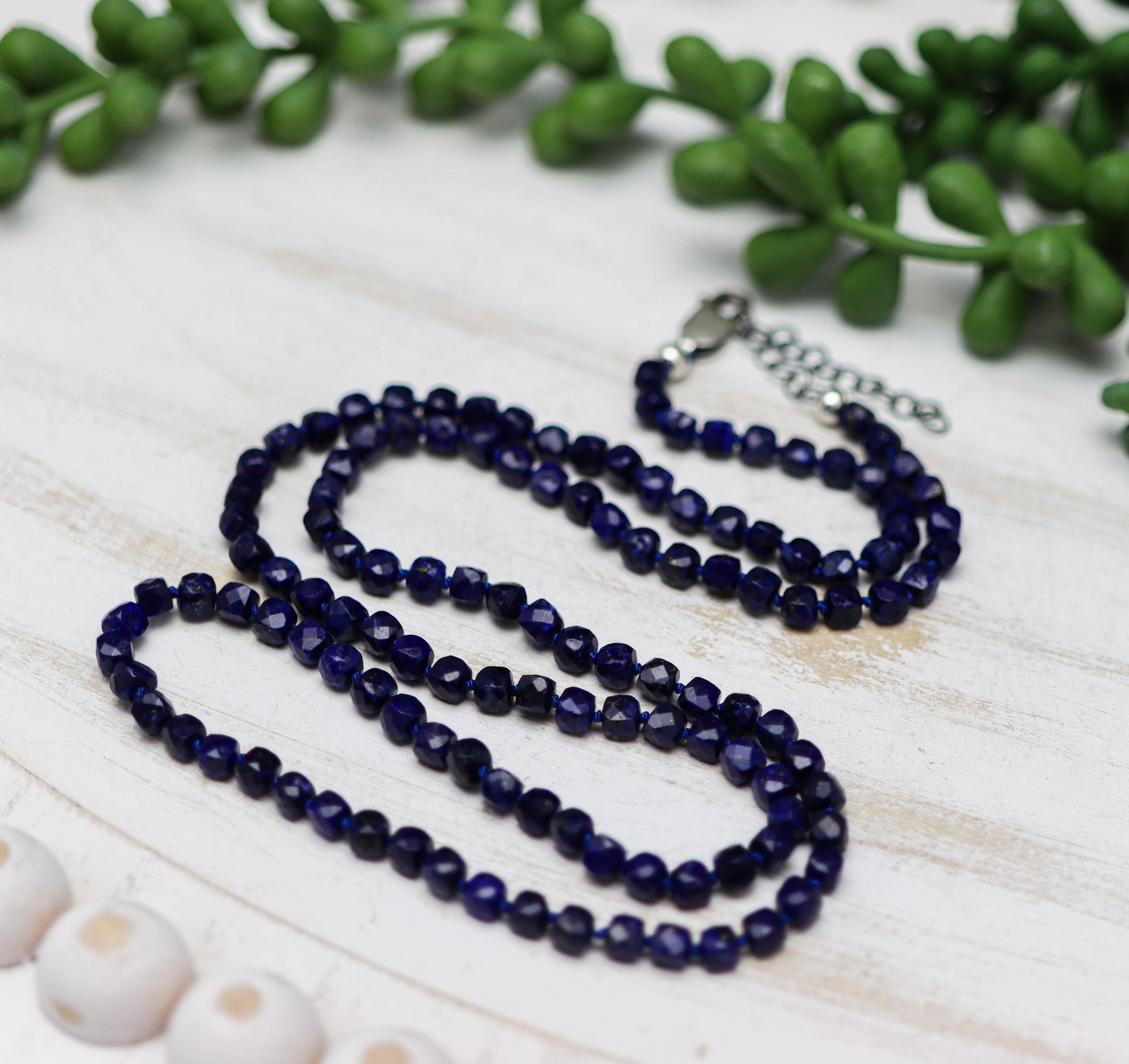 Blue Lapis Hand Knotted Bead Necklace Sterling Silver