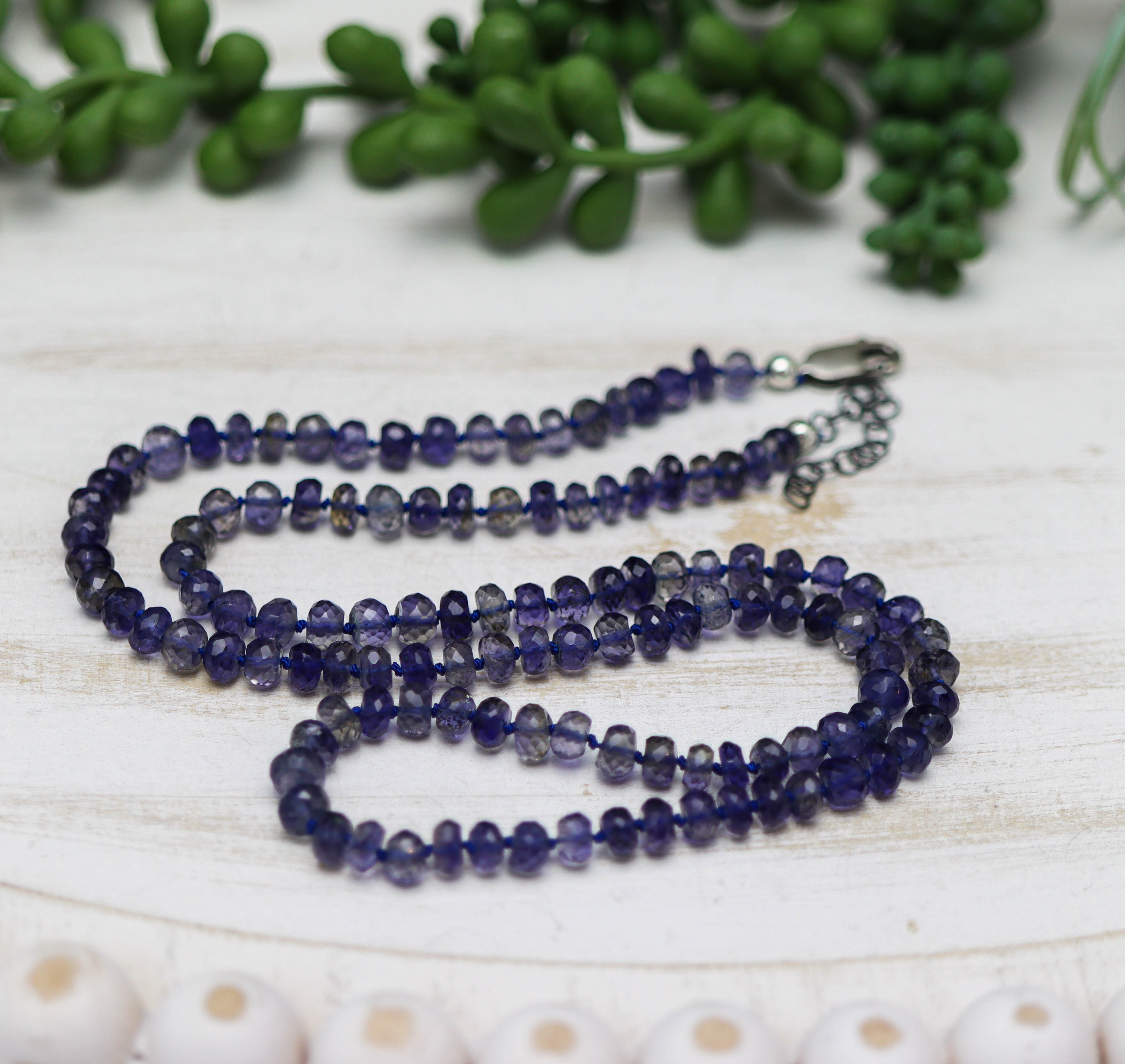 Blue Violet Iolite Hand Knotted Bead Necklace Sterling Silver 21 inch