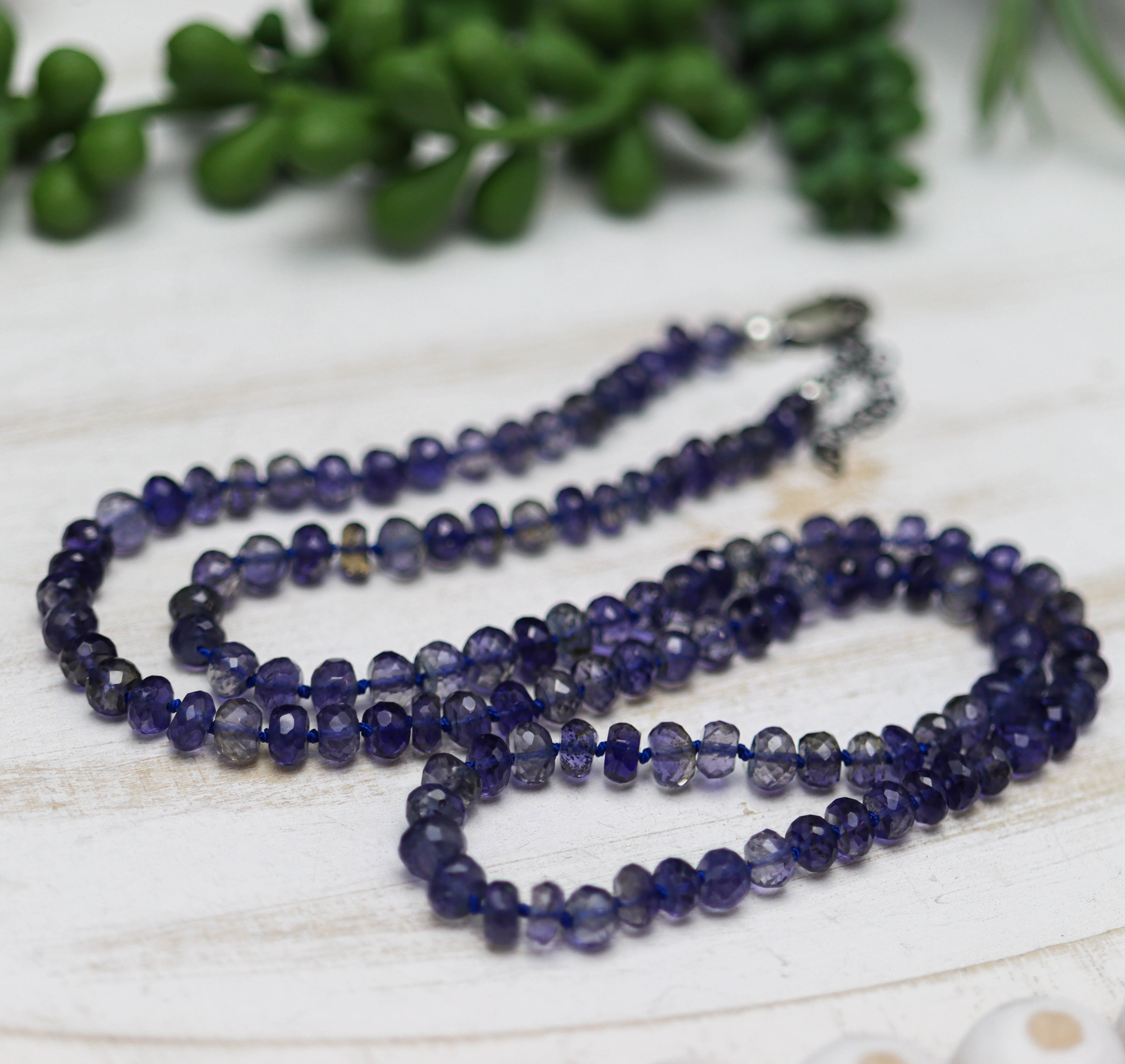 Blue Violet Iolite Hand Knotted Bead Necklace Sterling Silver 21 inch