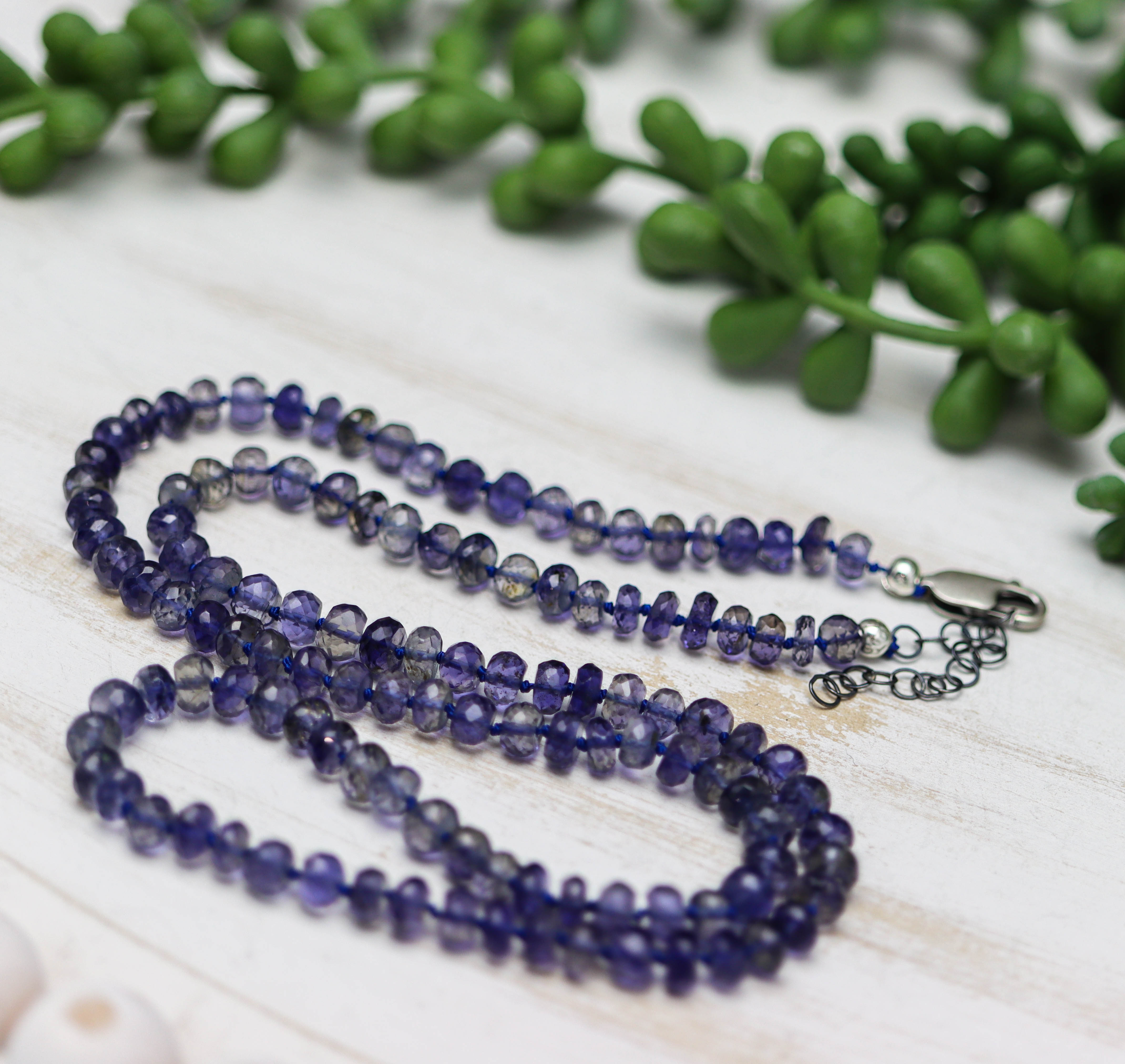 Blue Violet Iolite Hand Knotted Bead Necklace Sterling Silver 21 inch